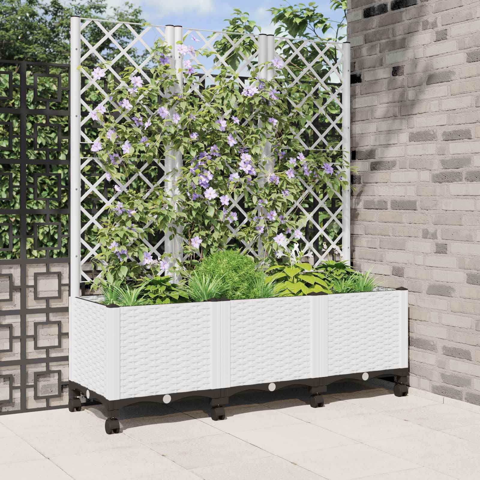 Biały pojemnik na rośliny ze kratką i kółkami 120 x 40 x 146 cm PP Outdoor Garden Flower Pot z drenażem do balcony patio, podwórka i użytku wewnątrz