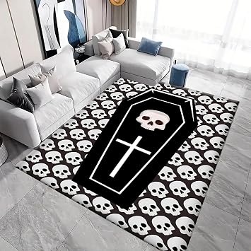 Gothic Area Rug Black,5x7ft,Vintage Skull Style Coffin Pattern Interior Floor Mat,Non-Slip Washable Soft Fun Skeleton Carpet,for Bedroom,Study,Kitchen,Halloween Decoration,Kids Room