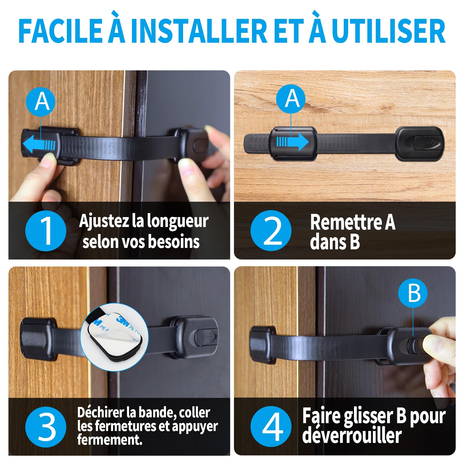 Bébé Sécurité Verrouillage, Lot de 8 Sécurité Placard Enfants Serrures avec adhésif 3M, Bébé Sécurité Serrures pour armoires, tiroirs, réfrigérateur, toilettes sans perçage (Noir)