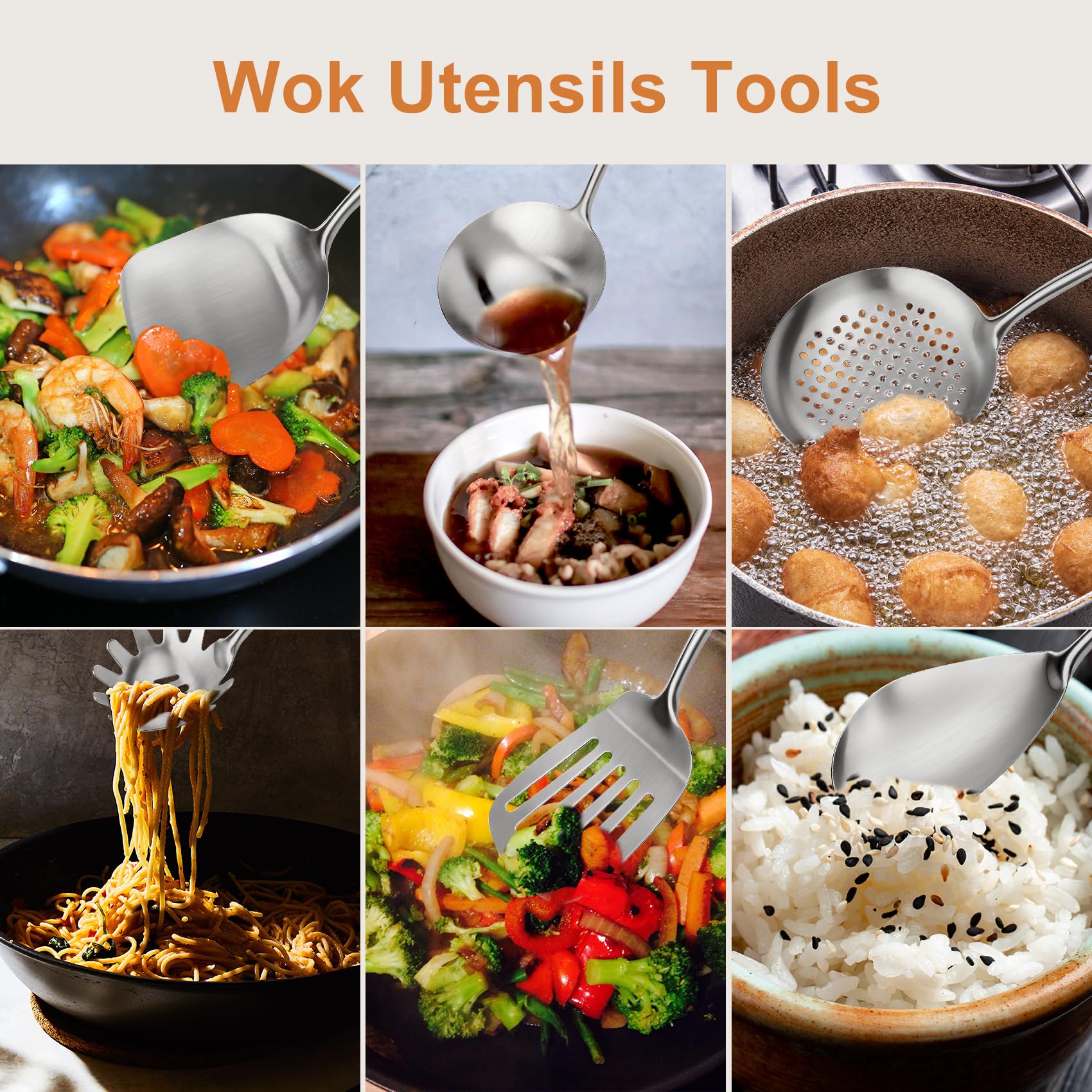 Set di 6 utensili da cucina commerciali in acciaio inox con manici in legno, set di utensili da cucina lunghi in metallo, include spatola wok, mestolo, schiumarola, spatola scanalata, cucchiaio per
