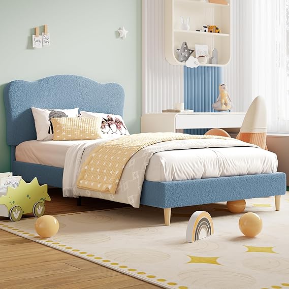 GarveeHome Upholstered Twin Size Bed Frame for Kids with Scallop Headboard, Cute Velvet Twin Bed for Girls, Boys, Sturdy Platform Bed, No Box Spring Needed, Wooden Slats, Noise Free, Blue