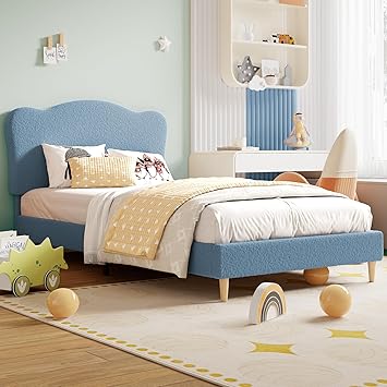 GarveeHome Upholstered Twin Size Bed Frame for Kids with Scallop Headboard, Cute Velvet Twin Bed for Girls, Boys, Sturdy Platform Bed, No Box Spring Needed, Wooden Slats, Noise Free, Blue