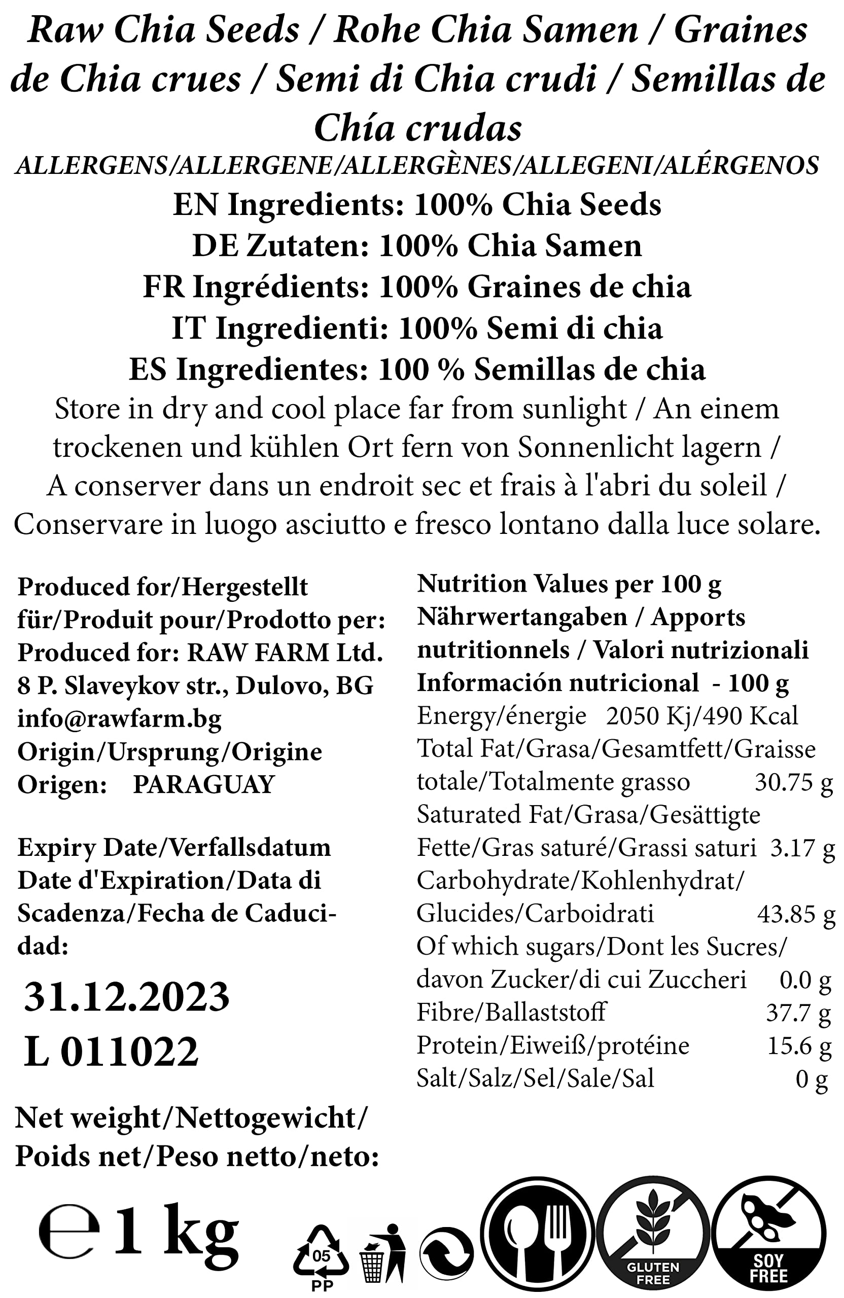 Raw Farm - Graines de chia noires crues 1 kg - Graines entières - Naturelles et non transformées - Ingrédient polyvalent pour cuisine et pâtisserie