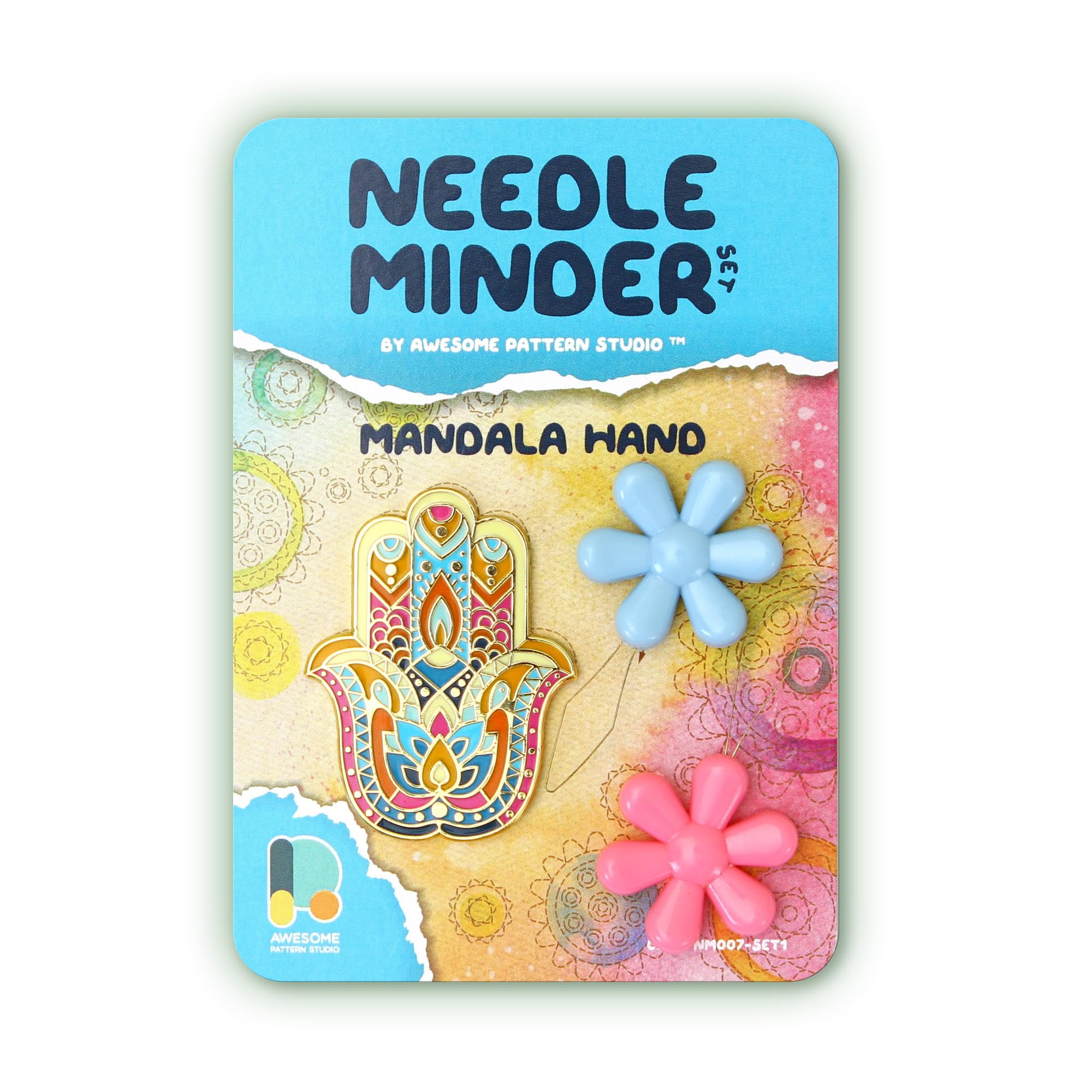 Awesome Pattern StudioNeedle Minder Set - Mandala Hand Magnetic Needle Minder + 2 Needle Threaders. Enamel Pin for Cross Stitch, Embroidery and Craft