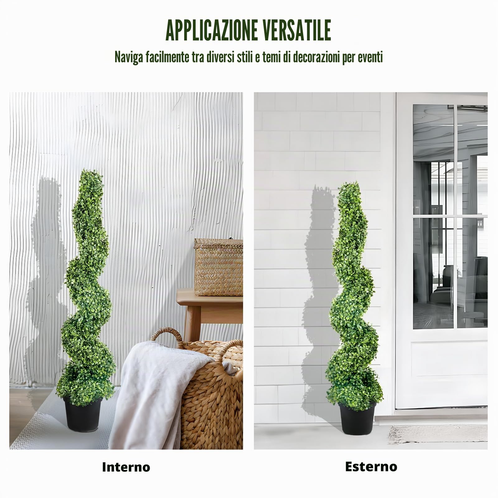 VEVOR Pianta Artificiale in Bosso a Spirale 2 Alberi con Vaso 122 cm Piante Finte in PE Topiaria Decorativa con 10 Foglie di Ricambio per Decorazione Interno Esterno Giardino Terrazzo Balcone Ingresso