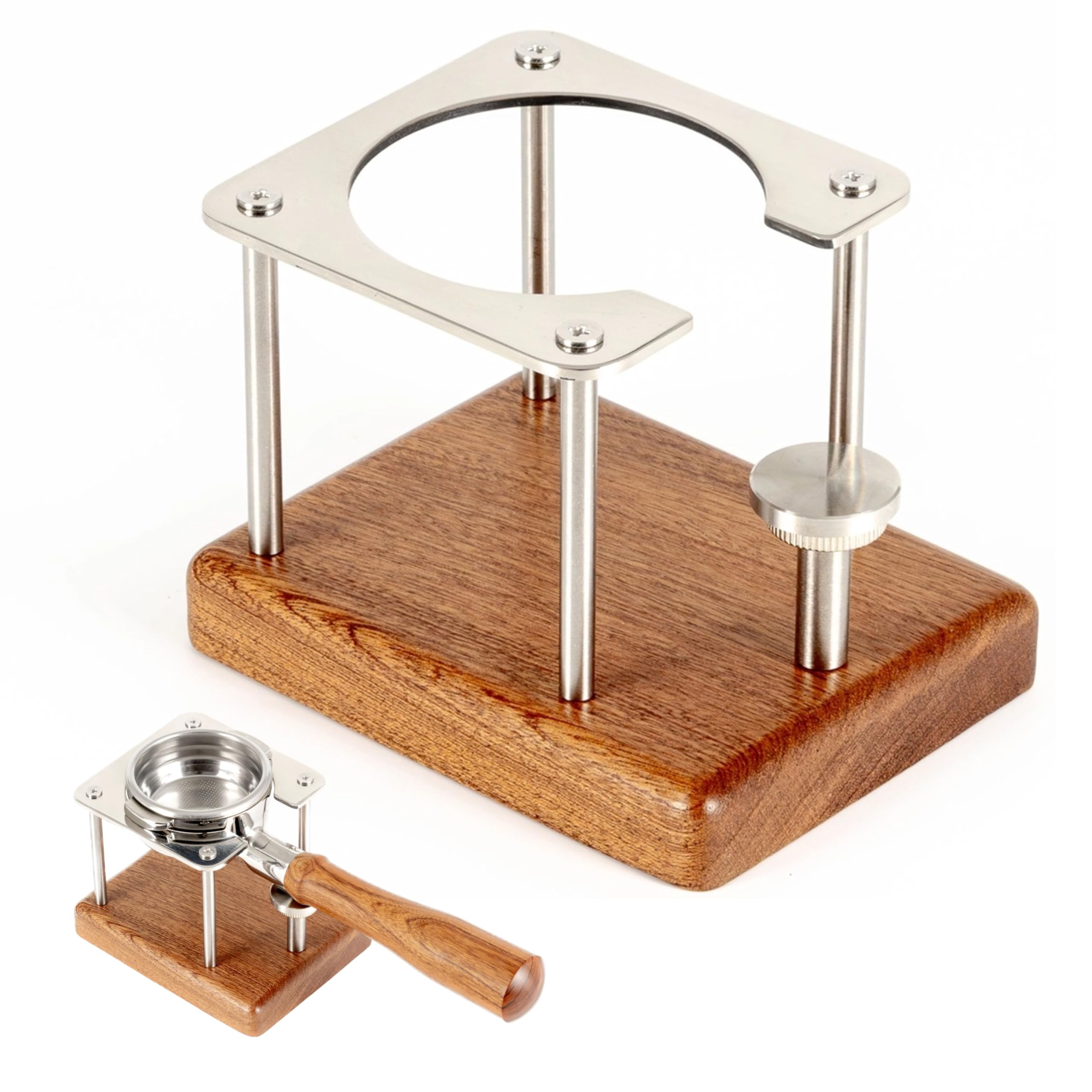 NEOUZA Station Tamper Expresso En Bois De Noyer - Support Porte-Filtre 58mm+ Avec Rangement Accessoires, Acier Inox 304