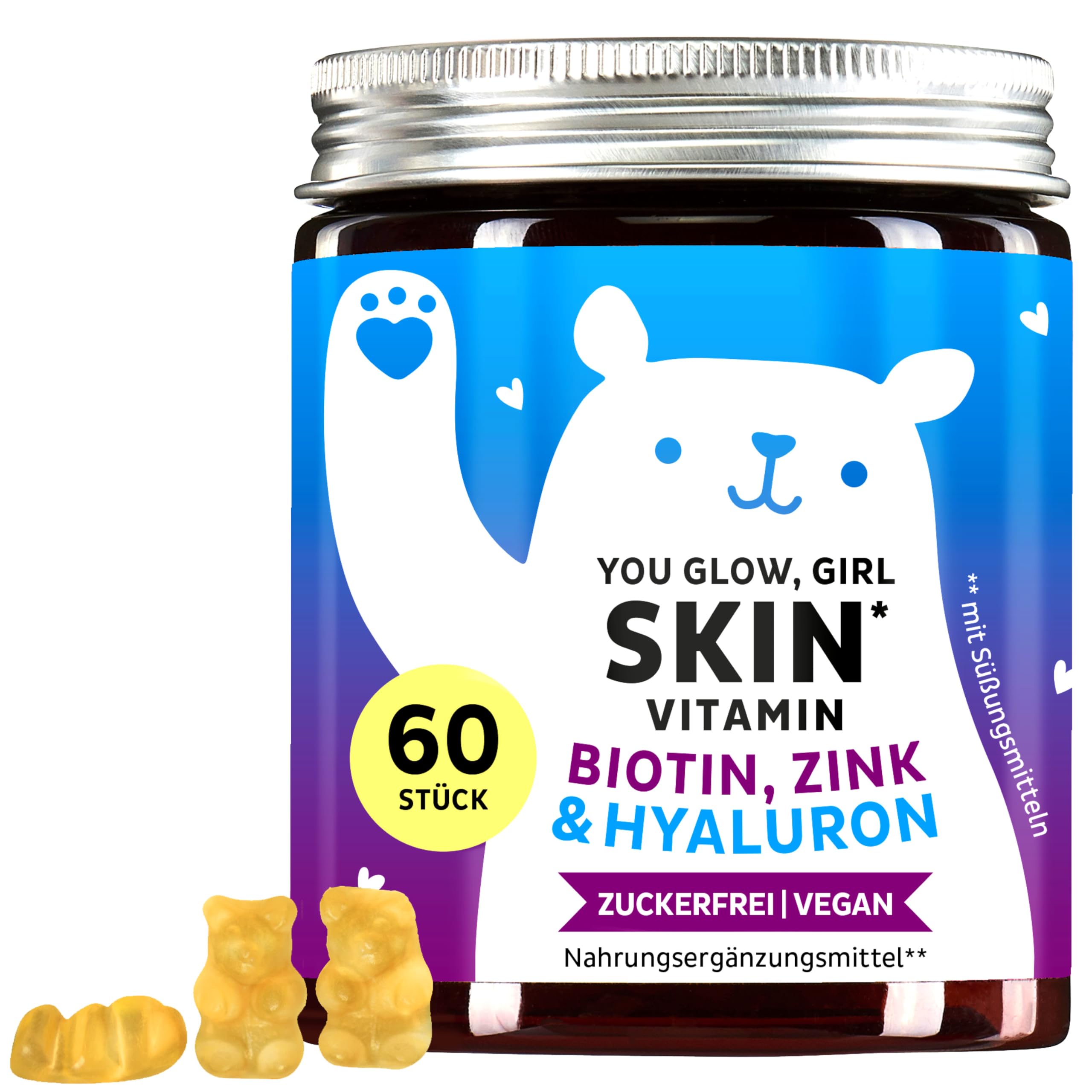 You Glow Girl Skin Vitamin Gummibärchen - mit 100mg Hyaluronsäure, Vitamin C, Zink, Biotin - 60 Stück – Zuckerfrei, Vegan – Bears with Benefits