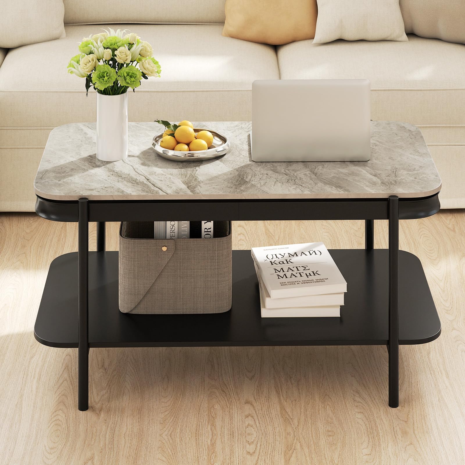 COSTWAY Couchtisch Marmor, Wohnzimmertisch mit 2 Ebenen & Metallrahmen, Sofatisch rechteckig, moderner Kaffeetisch für Wohnzimmer und Büro, 90 x 50 x 45,5 cm (Grau)