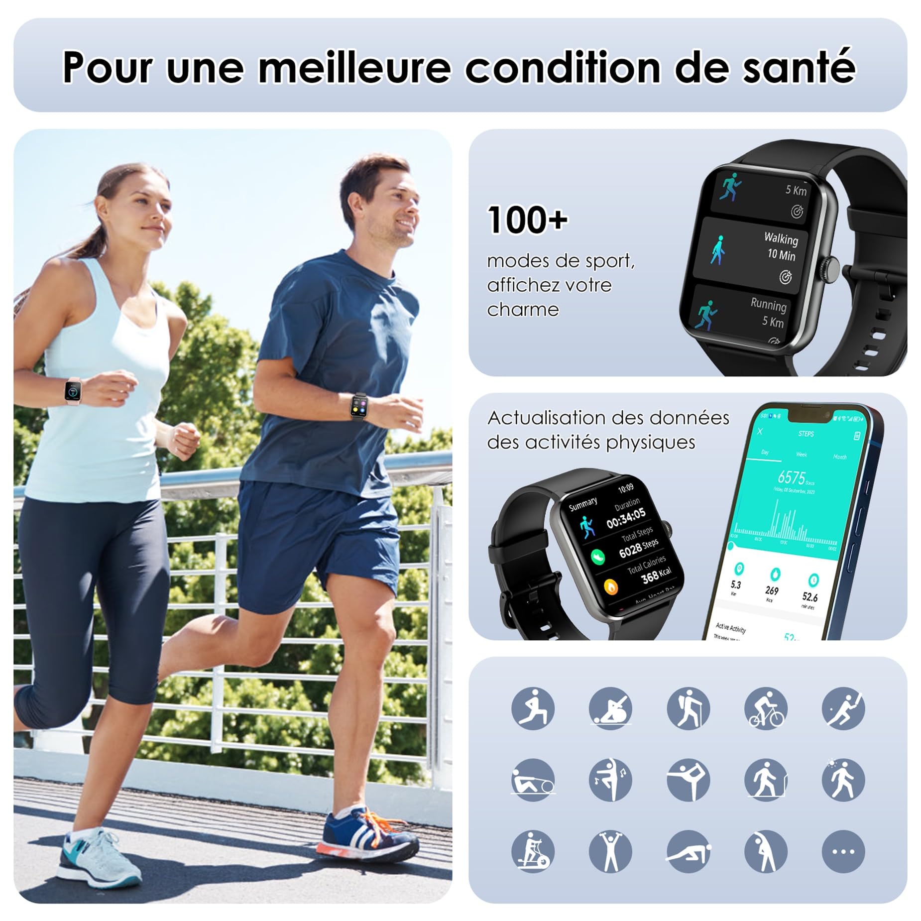 IOWODO Smartwatch,Orologio Fitness per Donna Uomo,1.85'' HD Smart Watch con Risposta Chiamate,100+ Attività Sportive,Monitor Sonno e Cardiofrequenzimetro,Contapassi e Cronometro con Android e iOS