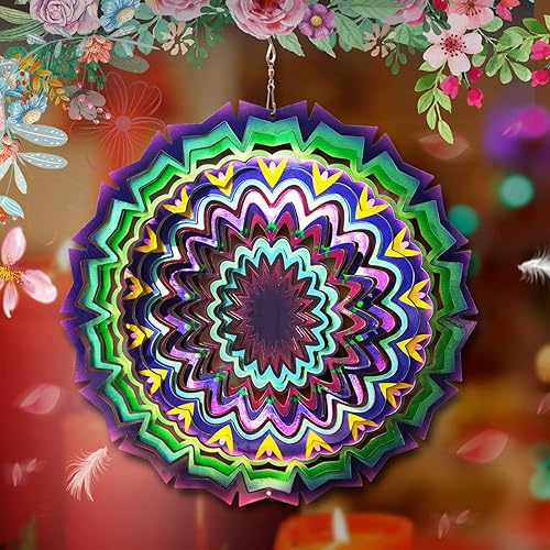 Vista 12 de FONMY Molinillo de viento con diseño de mandala y cielo estrellado de acero inoxidable 3D de 12 pulgadas, corte láser, arte de metal