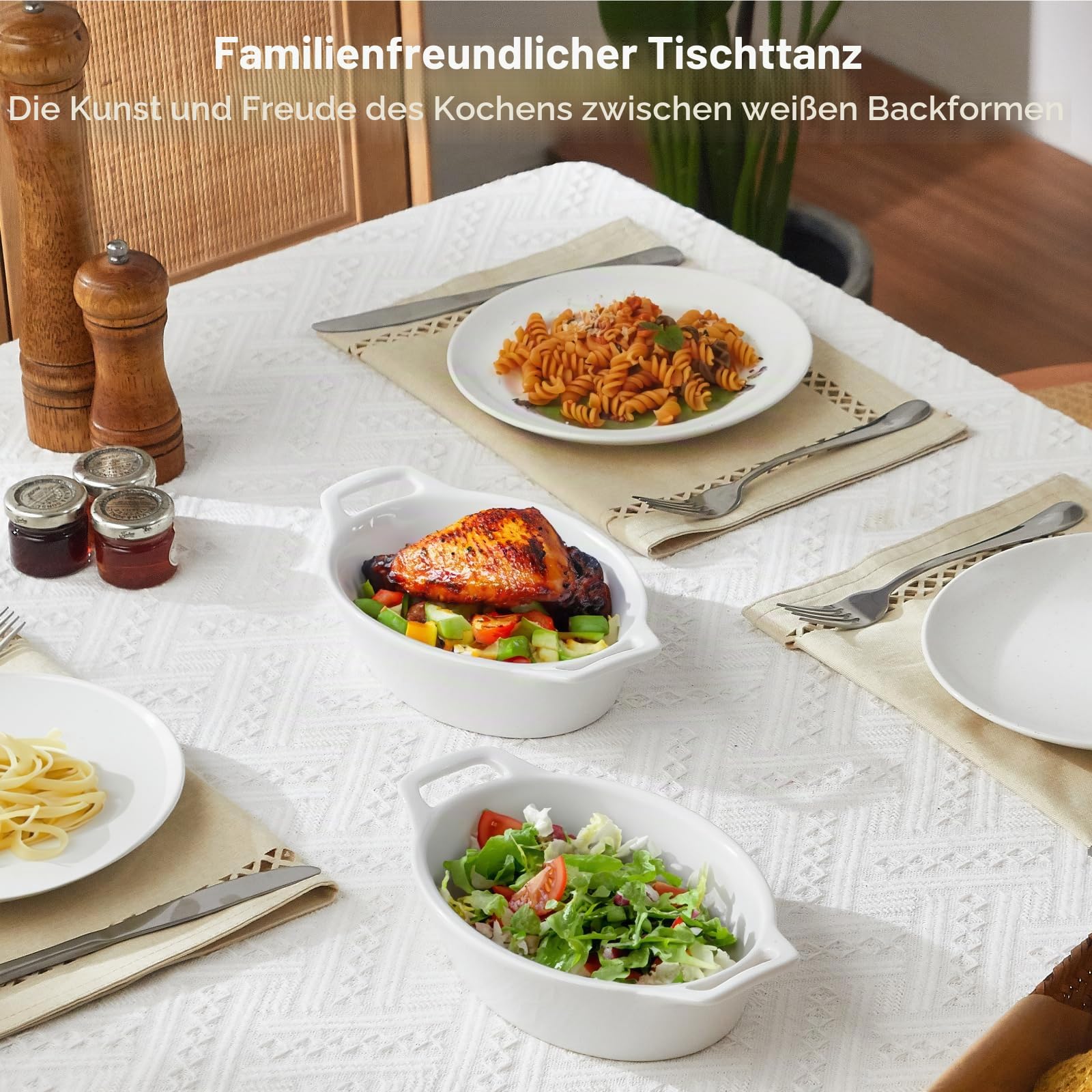 ONEMORE Au Gratin Auflaufform, 590 ml, einzelne Auflaufformen für ofenfest, ovale Keramik-Backform mit Griffen, Set mit 4 Au Gratin Pfannen zum Braten, Lasagne, Backen von Fleisch und Gemüse, Weiß