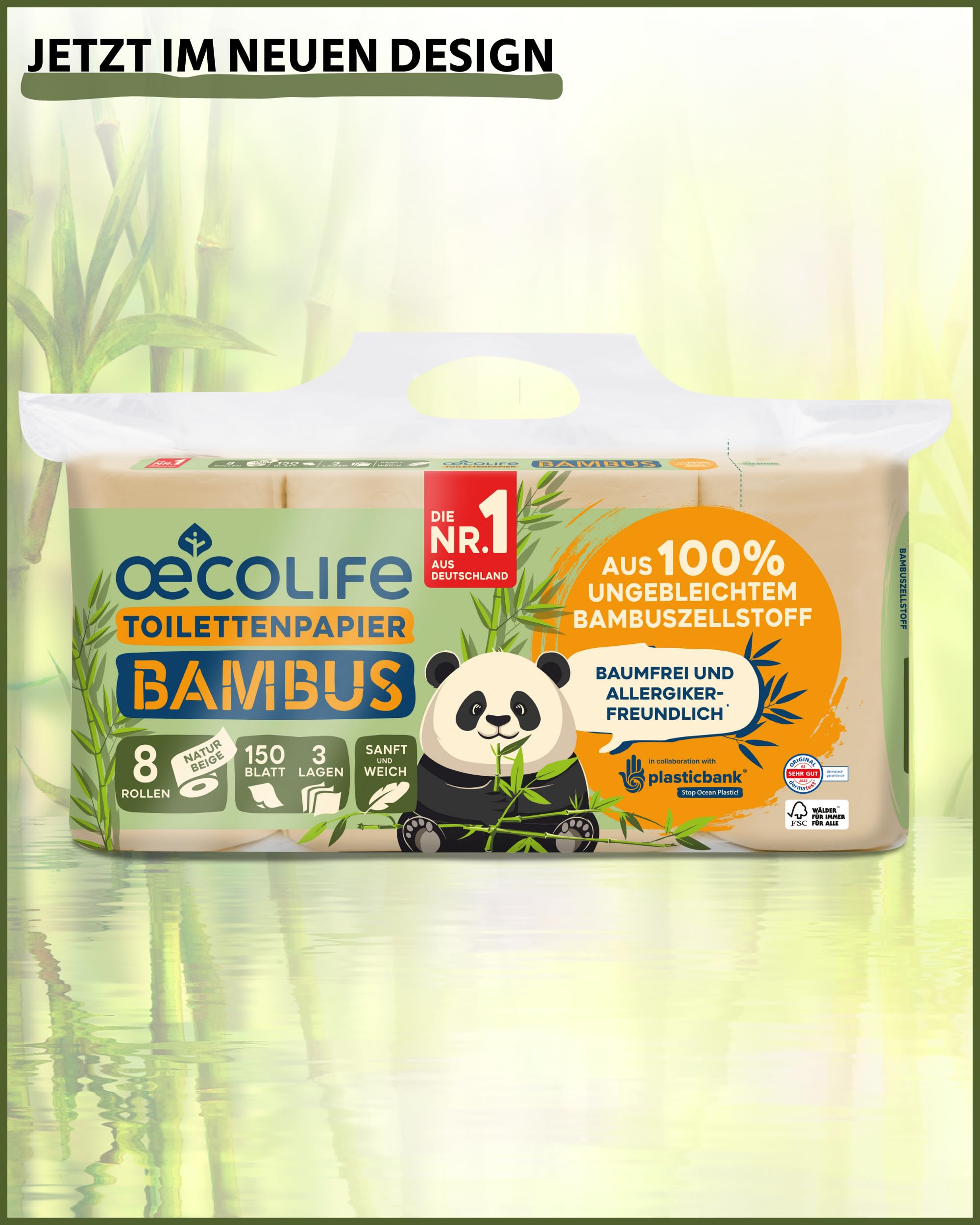 œcolife Toilettenpapier Bambus 3-lagig, 56 Rollen Klopapier superweich | superweich, plastikfrei verpackt, vegan, Verpackung mit 60% PCR-Anteil