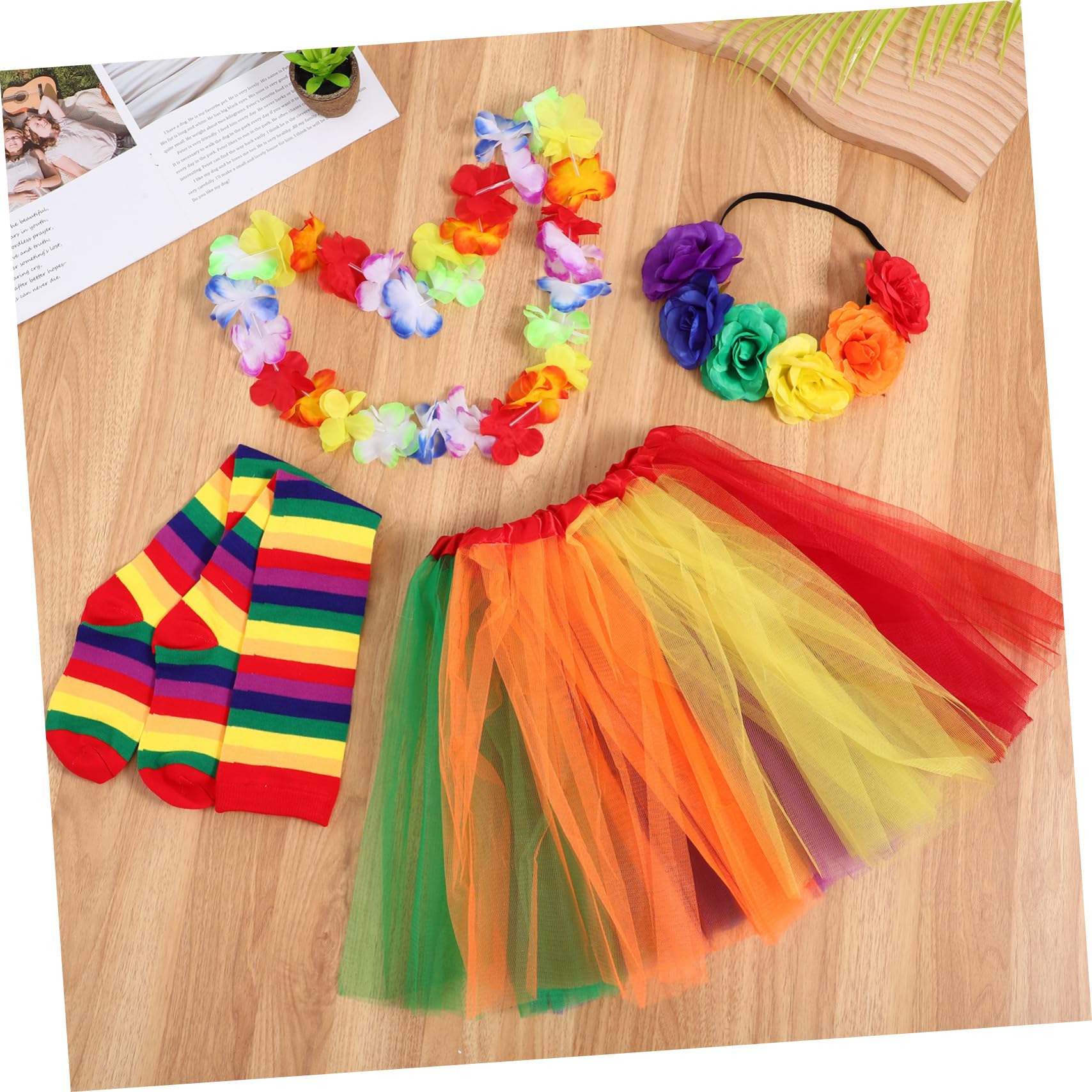 2sätze Regenbogen Tüllrock Mit Kniestrümpfen Stirnband Und Lei Für Mädchen Kostümzubehör Für Festivals Karneval Und Cosplay Einheitsgröße