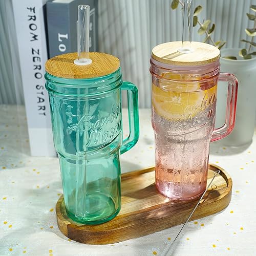 Miniatura 4 de ANOTION Juego de 4 tazas de vidrio de colores con asa, tazas de vidrio de 24 onzas con tapas y pajitas, taza de café de viaje, tarro de bambú Mason