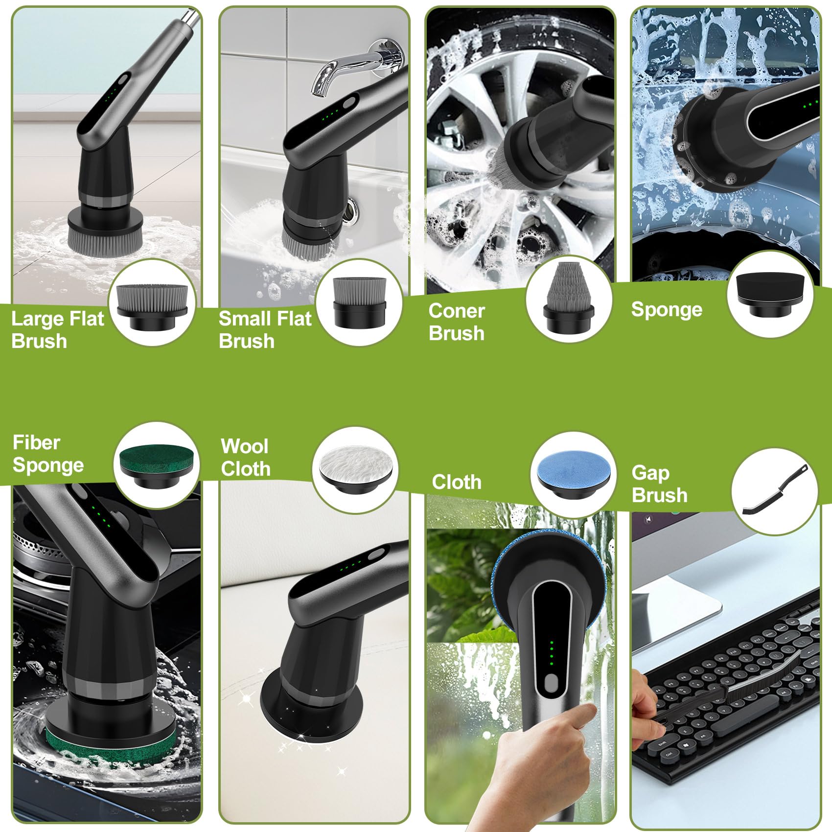 Cepillo Electrico Limpieza Hogar, Giratoria Cepillo de Limpieza 7 en 1, Cepillo Limpieza Electrico con Impermeable IPX7 y Mango Ajustable para Baño, Cocina, Coche, Suelos, Azulejos (Gris) | IPX7 impermeable 2 velocidades y mango ajustable para cuarto de b