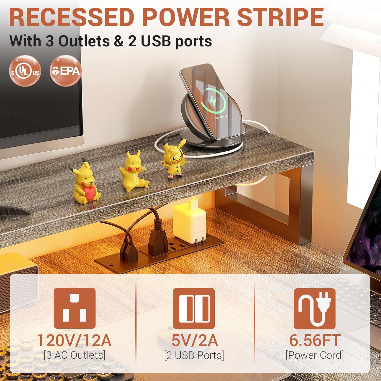 Close-up of the recessed power strip on the Aheaplus desk, showing 3 AC outlets and 2 USB ports.