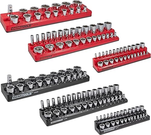 OEMTOOLS 22460 - Juego de 6 bandejas magnéticas métricas y SAE, organizadores de enchufes rojos y negros, 14, 38, 12 pulgadas