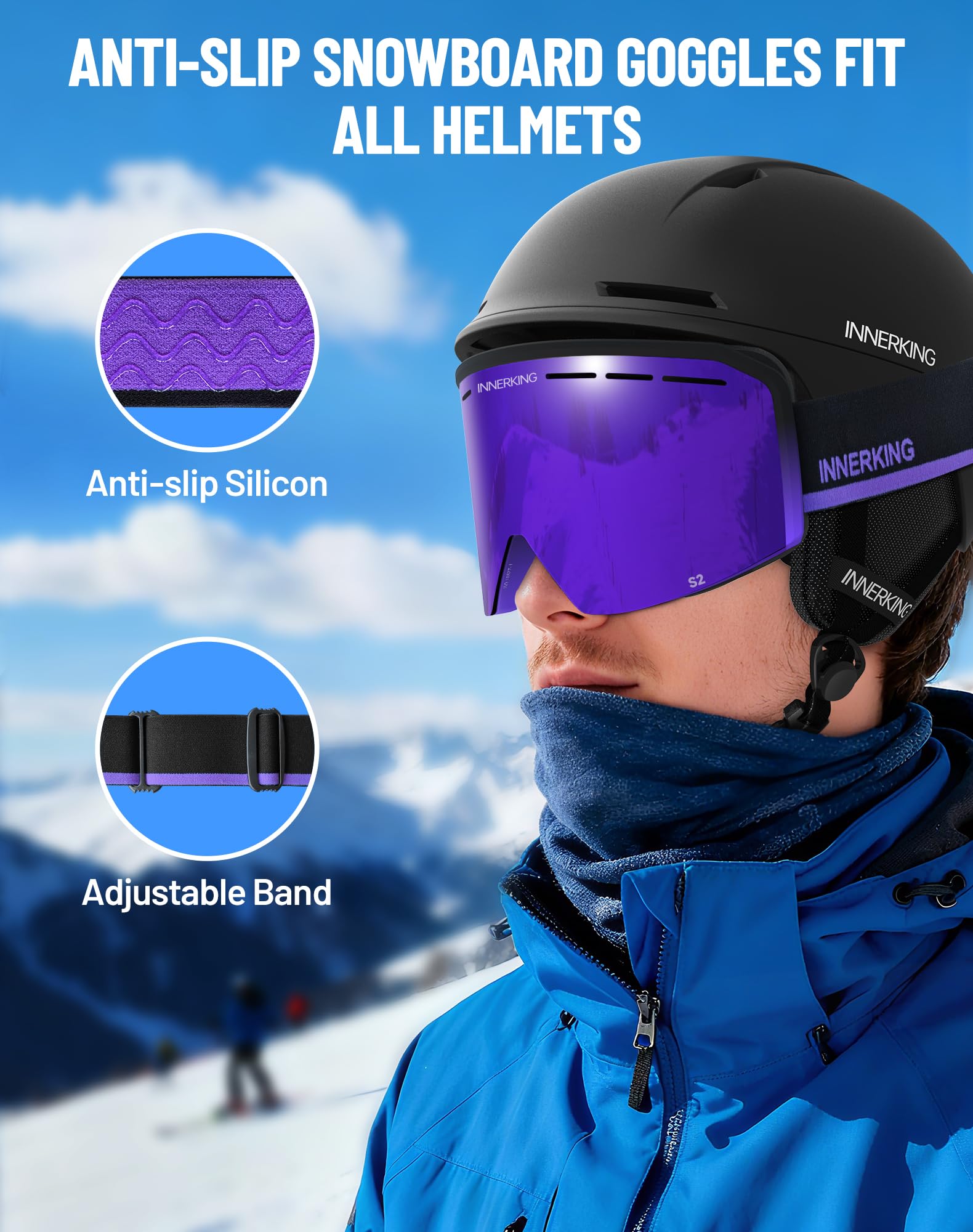 Innerking Occhiali da sci/snowboard OTG per uomini, donne e ragazzi, occhiali da neve per sport da neve, anti appannamento, protezione UV400 al 100%