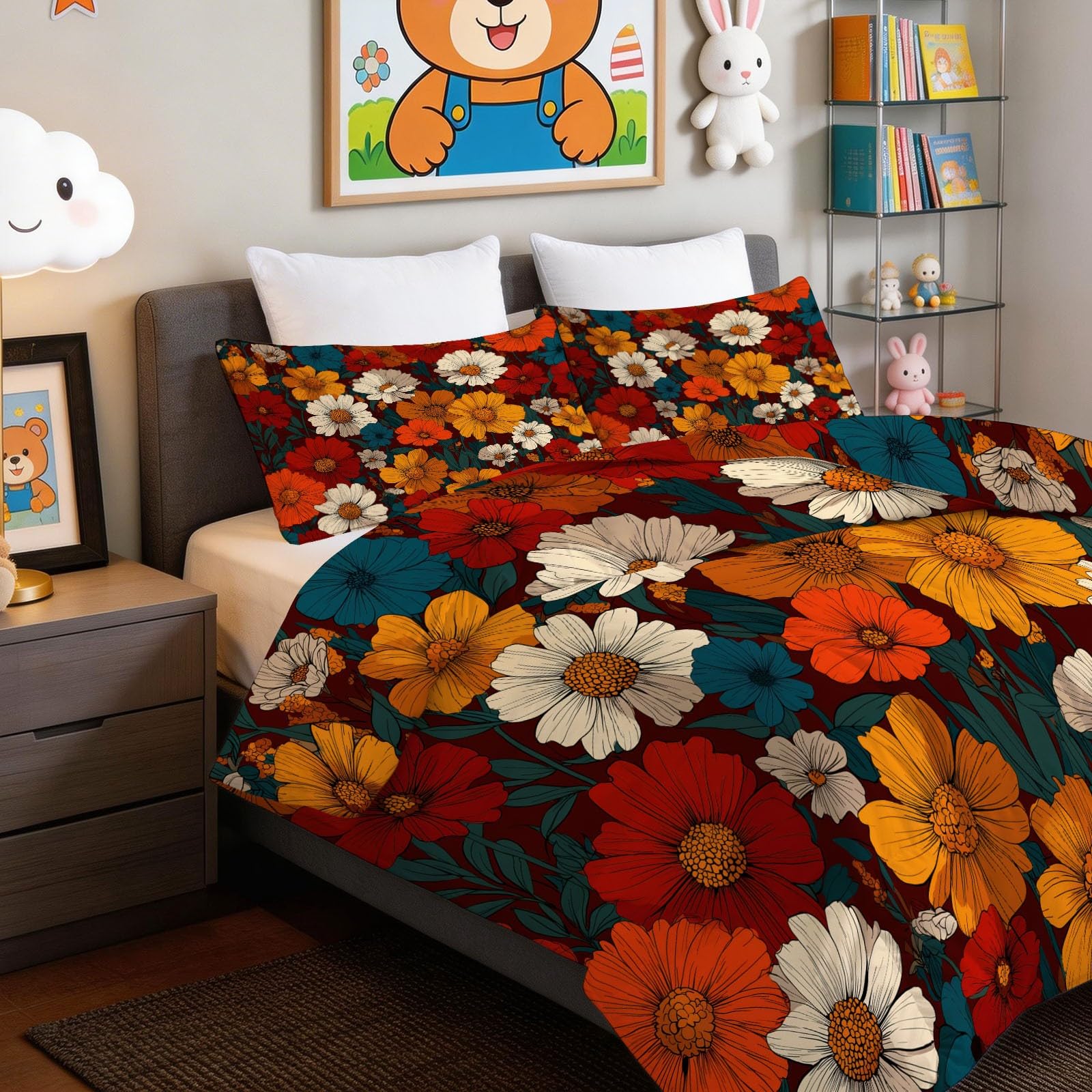 Generisch Trapunta floreale con margherite e petali, senza rivestimento, 135 x 200 cm, acquerello, 4 stagioni, reversibile, delicata sulla pelle, lavabile per tutto l'anno, con 2 federe da 80 x 80 cm
