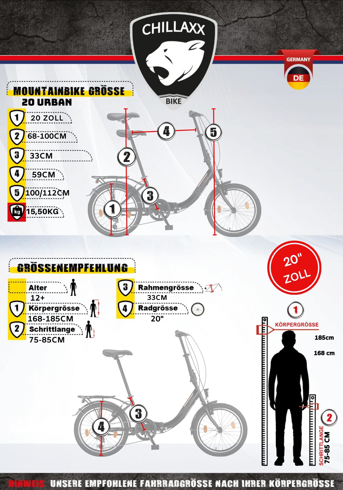 Chillaxx Bicicletta pieghevole Urban da 20 pollici, cambio Shimano a 6 marce, luce a LED, sistema di piegatura, bicicletta pieghevole