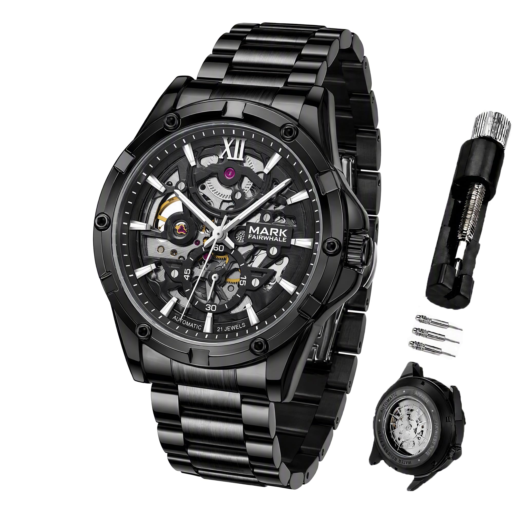 Men Watches Automatic Mechanical Black Luxury Stainless Steel Waterproof | Self Winding, skeleton, Business Dress Style, Luminous, Gift for Men, relojes para hombres