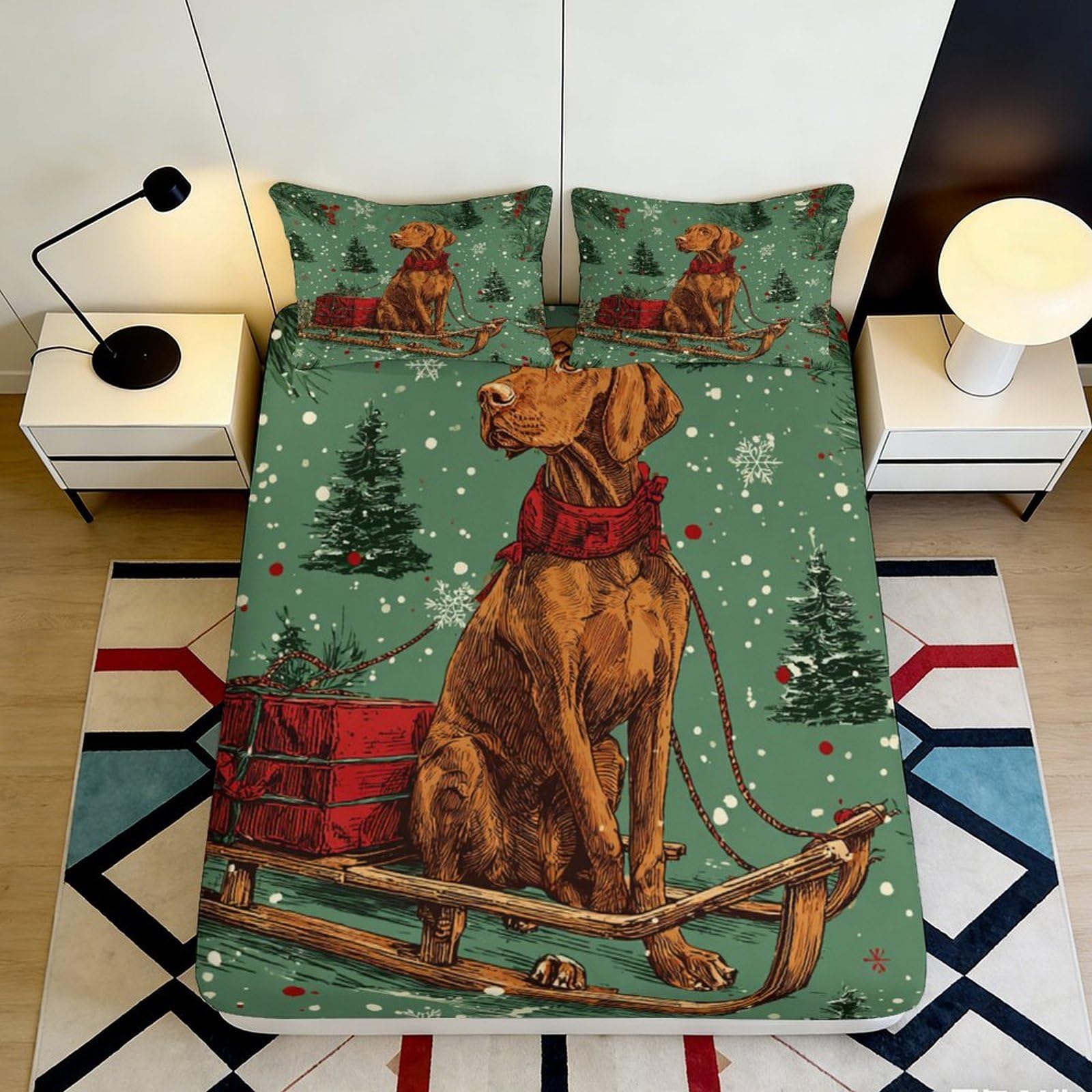 Uxinyoume Style-9 3D Printed Christmas Dog Fitted Sheet Microfiber Snow Sled Mattress Cover For Bedroom Guest Room Dorm Decor 90X200x25cm