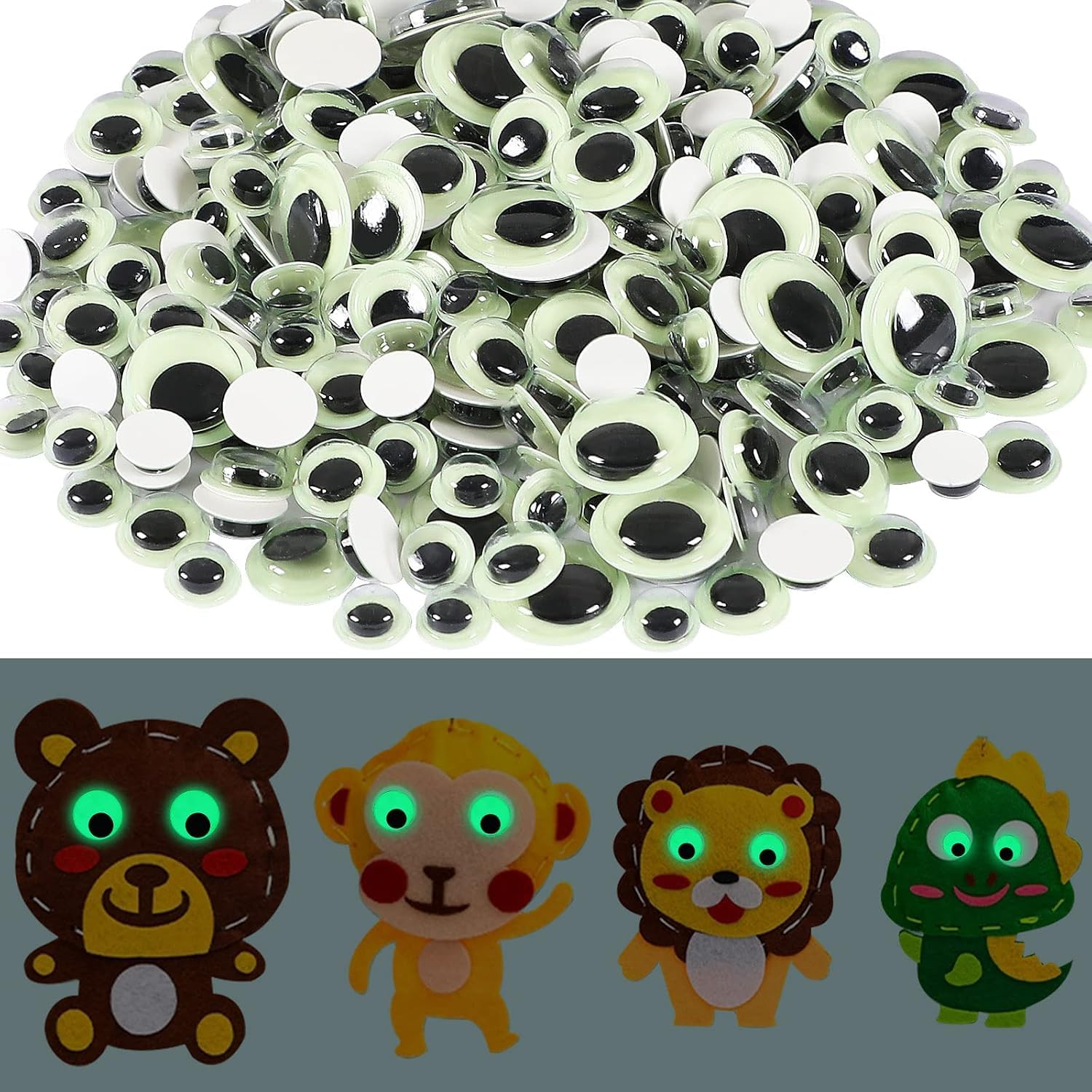 UPINS 300Pcs Googly Wiggle Eyes Self Adhesive, Glowing in Dark Wiggle Eyes for Craft Sticker Sparkle Googly Eyes for DIY Decoration 6 mm 8 mm 10 mm 12 mm