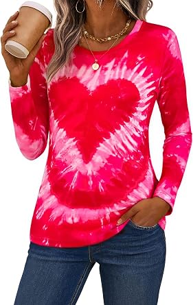 Valentines Shirt Tie Dye Heart Long Sleeve Shirt Lover Crewneck Top