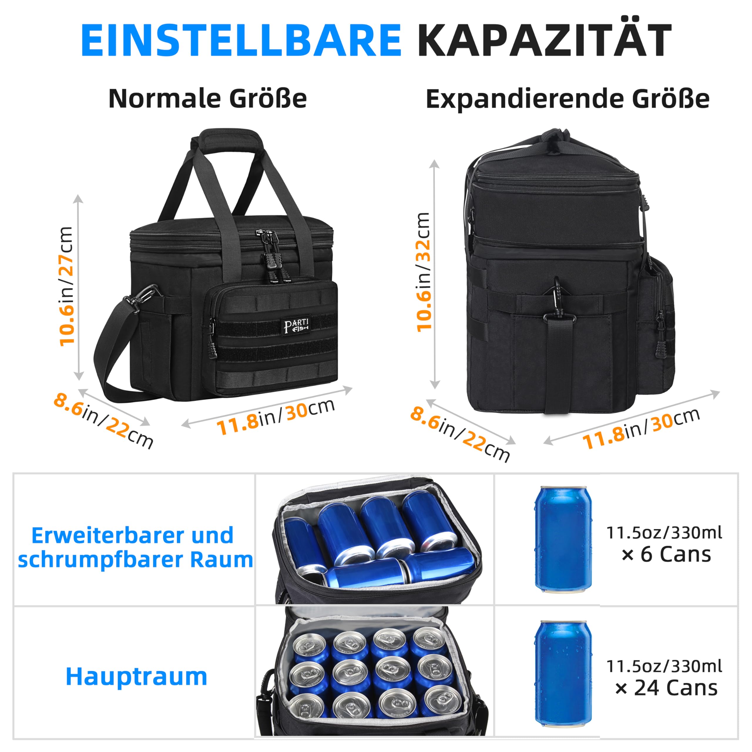 Kühltasche Faltbar Lunch Tasche Weich kühlbox für Herren Baustelle, Gross 15l 18l Erweiterbar 2-Decks 5-lagige Starke Isolierung Wasserdicht Auslaufsicher Lunch Bag, Groß, Taktisch, Schwarz
