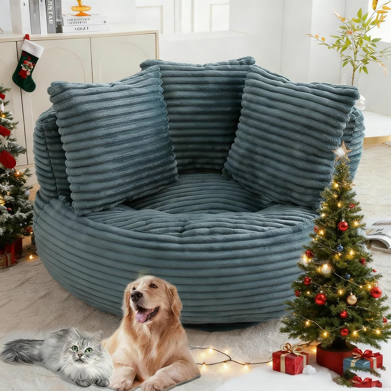 45" Giant Bean Bag Chairs for Adults, Oversized Corduroy Bean Bag Chair with 3 Pillows & Armrest, Huge Beanbag Chair & Lazy Sofa with Foam Filler for Bedroom Living Room Dorm (Turquoise)