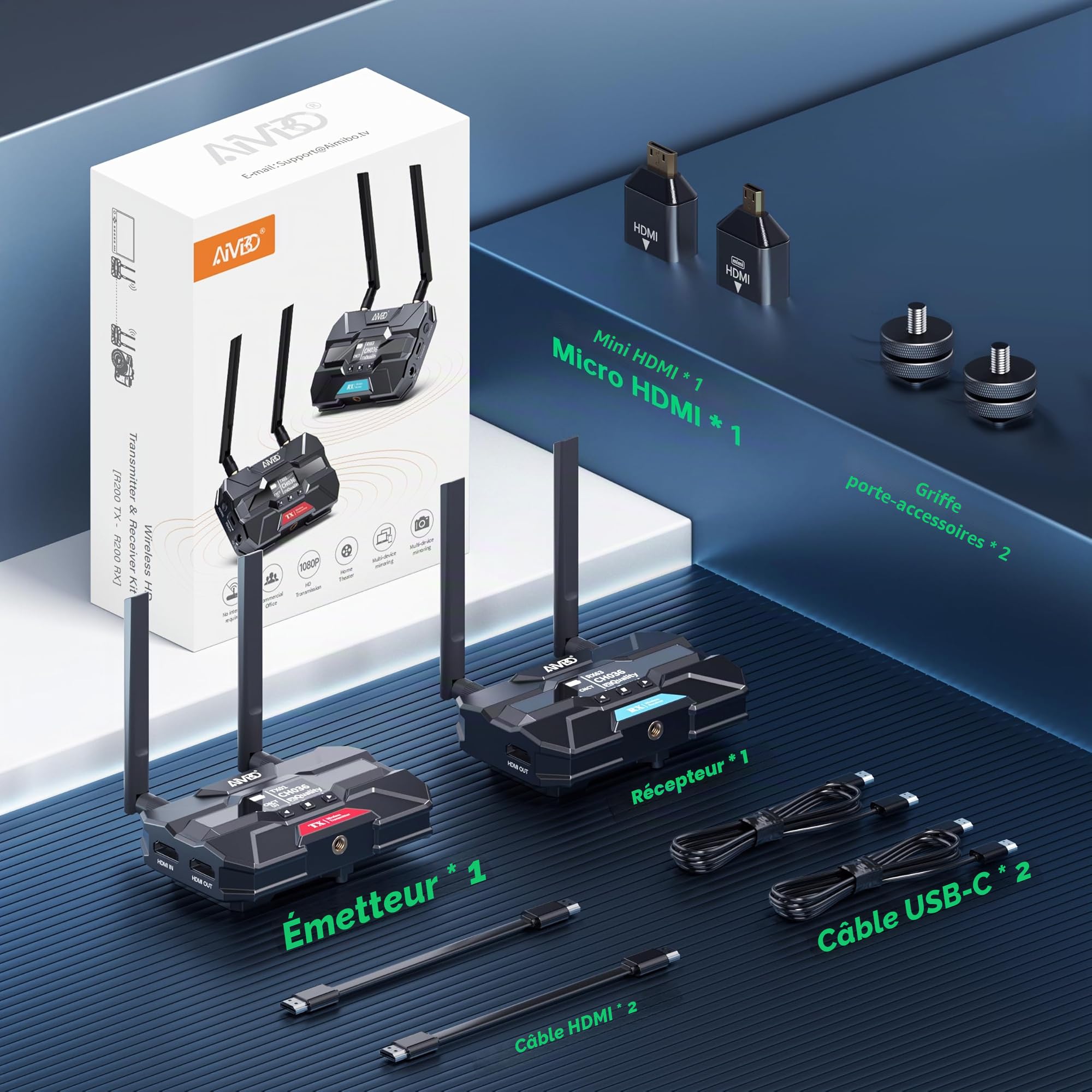 Pro HDMI sans Fil Émetteur et Récepteur, jusqu'à 6 RXs, TIMBOOTECH Transmission AV HDMI Wireless 1080p 5,8G avec écran OLED, Loop-Out, Canal Intelligent pour la Maison/Photographie/Magasin 400M