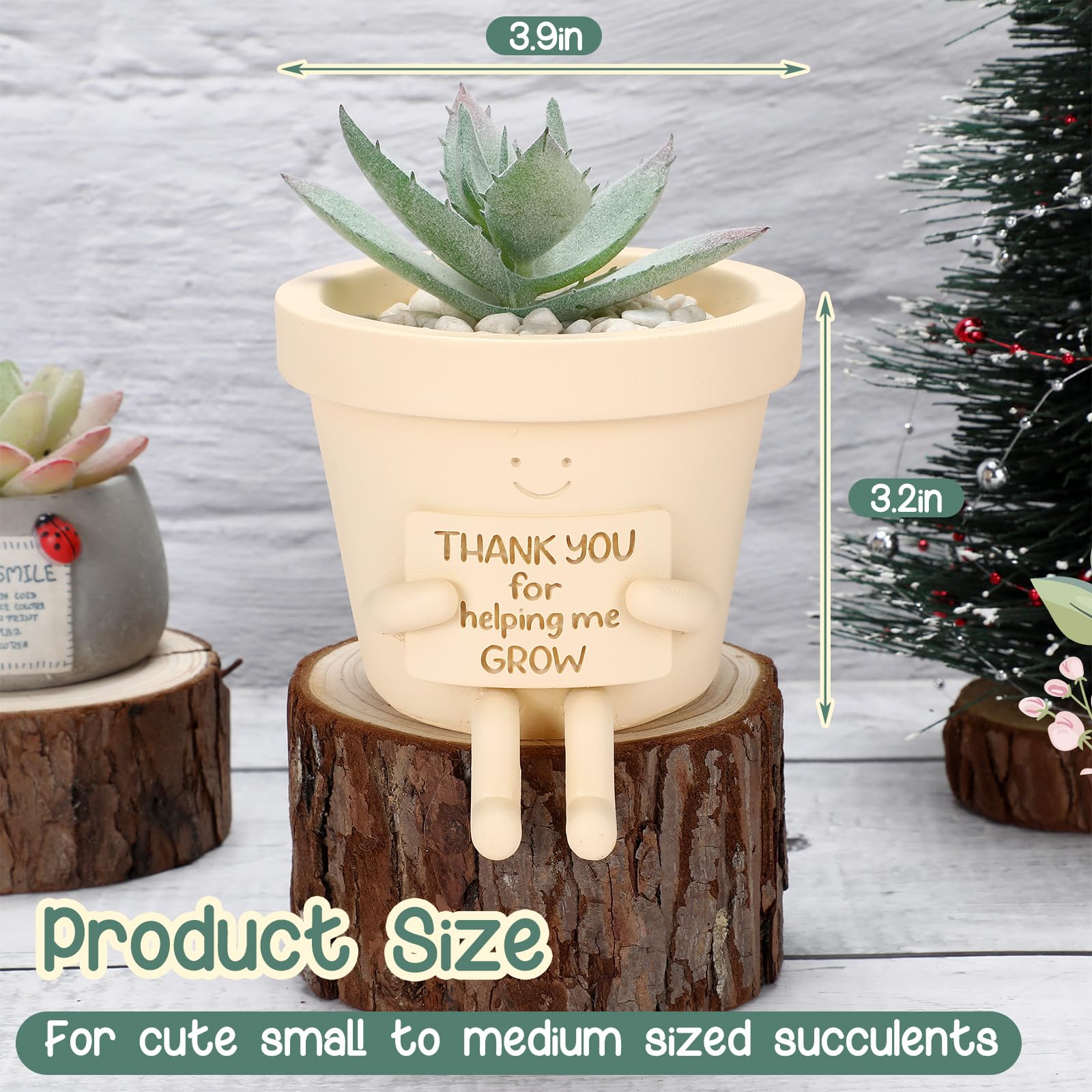 Briwooody Maceta sentada con texto en inglés "Thank You for Help me", macetas divertidas de 3.9 pulgadas con drenaje, bonita maceta para interiores y exteriores, decoración del hogar, regalo divertido