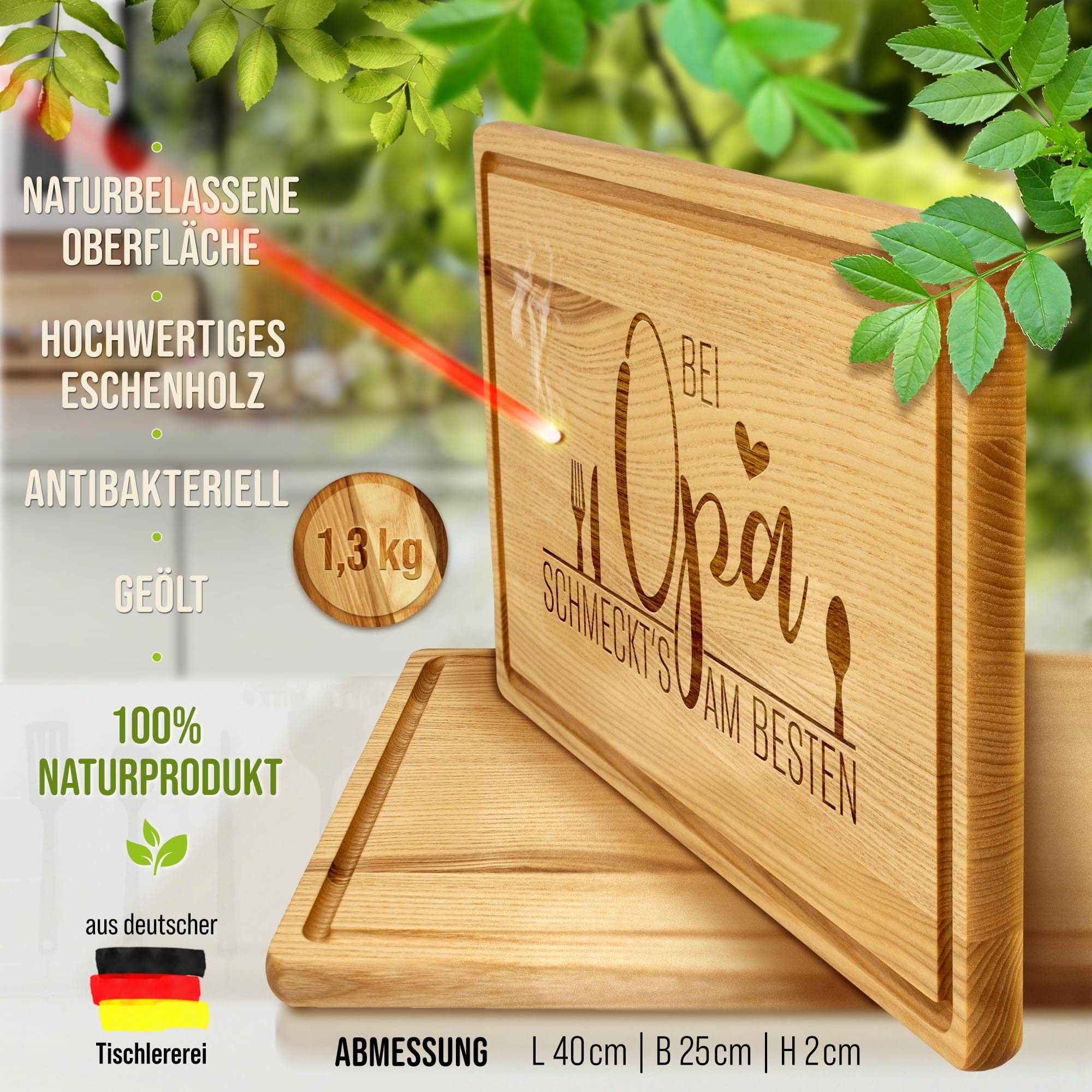 Großes Holzbrett mit Gravur - Bei Opa schmeckt's am besten - Schneidebrett gravieren| Eschenholz, 40 x 25 x 2 cm, Geschenk mit Gravur, Geschenk für Opa