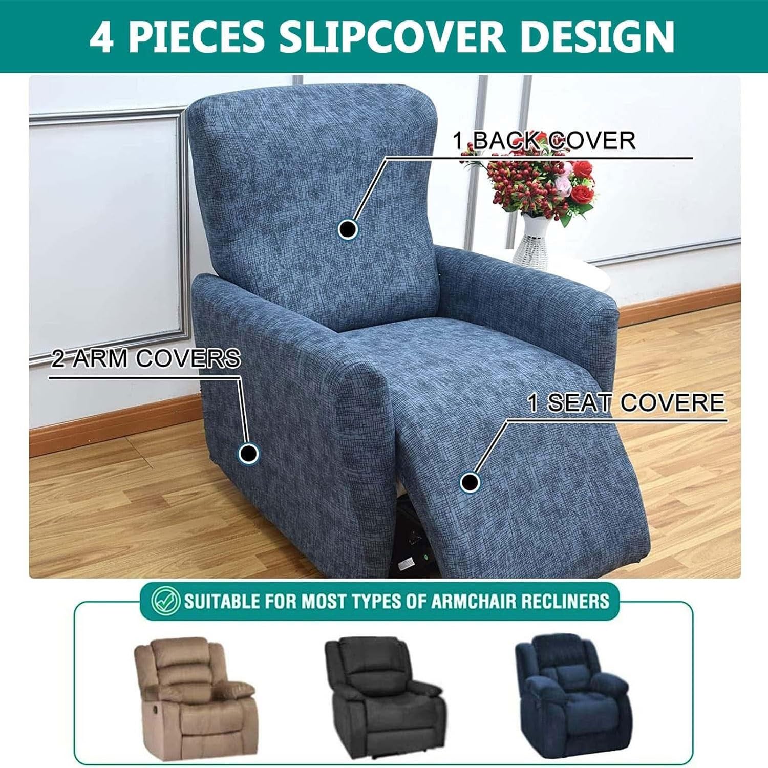 WWQQKJ Fodera per poltrona reclinabile universale Relax in 4 pezzi, fodera per poltrona reclinabile a 1 posto con tasche, fodera per poltrona relax elasticizzata rimovibile e lavabile(E