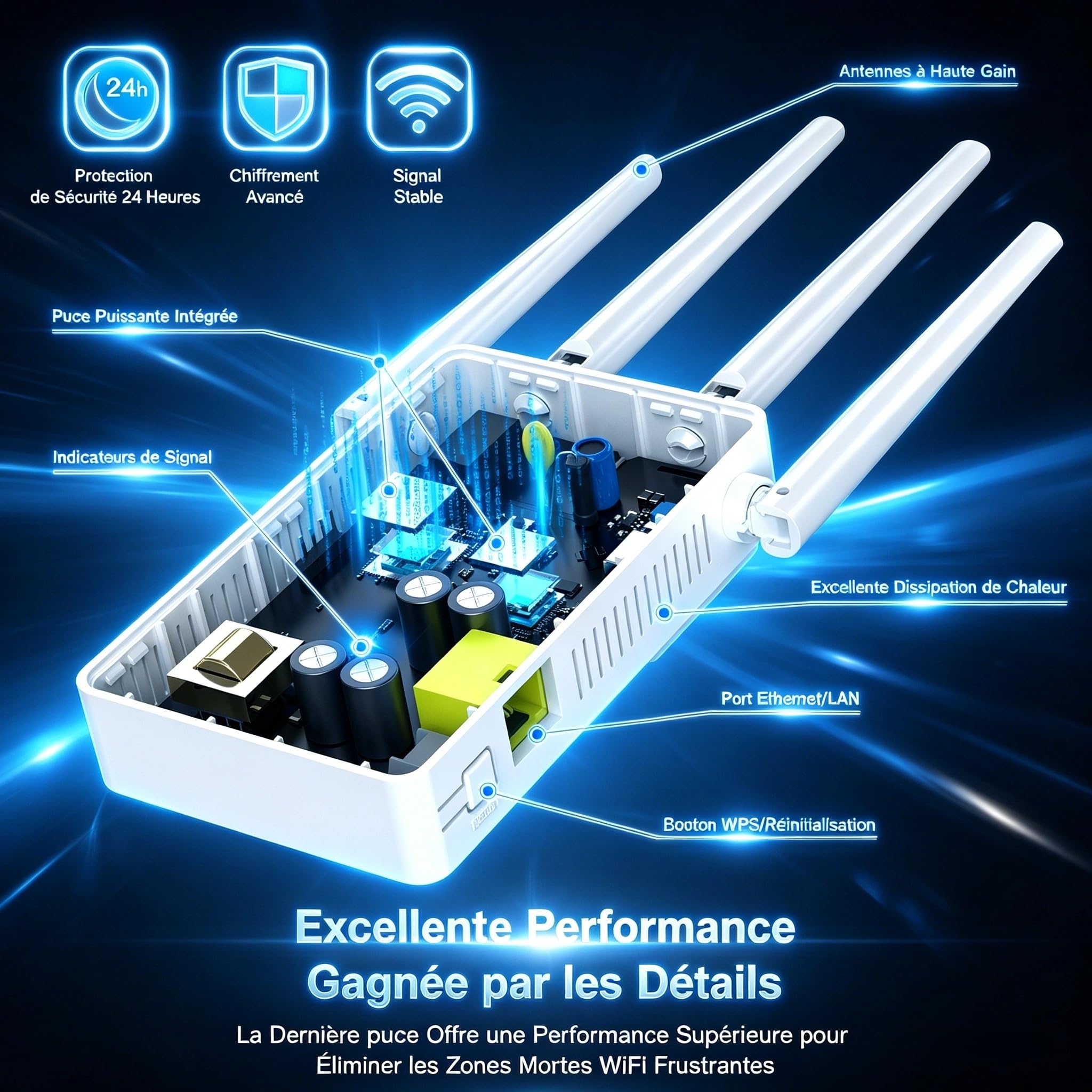 COMFAST Répéteur WiFi AC1200 Mbps, Amplificateur WiFi Puissant Double Bande avec 4 Antennes Haut Gain, Couverture 360°, Configuration WPS One-Touch, Port LAN, Compatible Toutes Les Box Internet