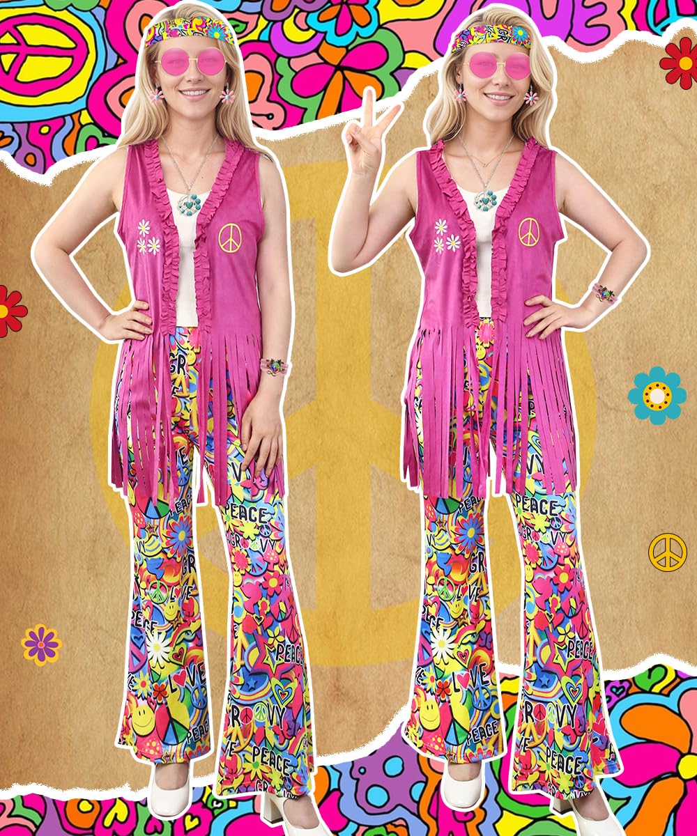 Hippie Kostüm Damen, 70er Jahre Outfit mit Hose, Weste, und Accessoires, Kostüms Damen Fasching, 60er 70er Jahre Kostüm Hippie Kleidung für Karneval, Cosplay und Partys