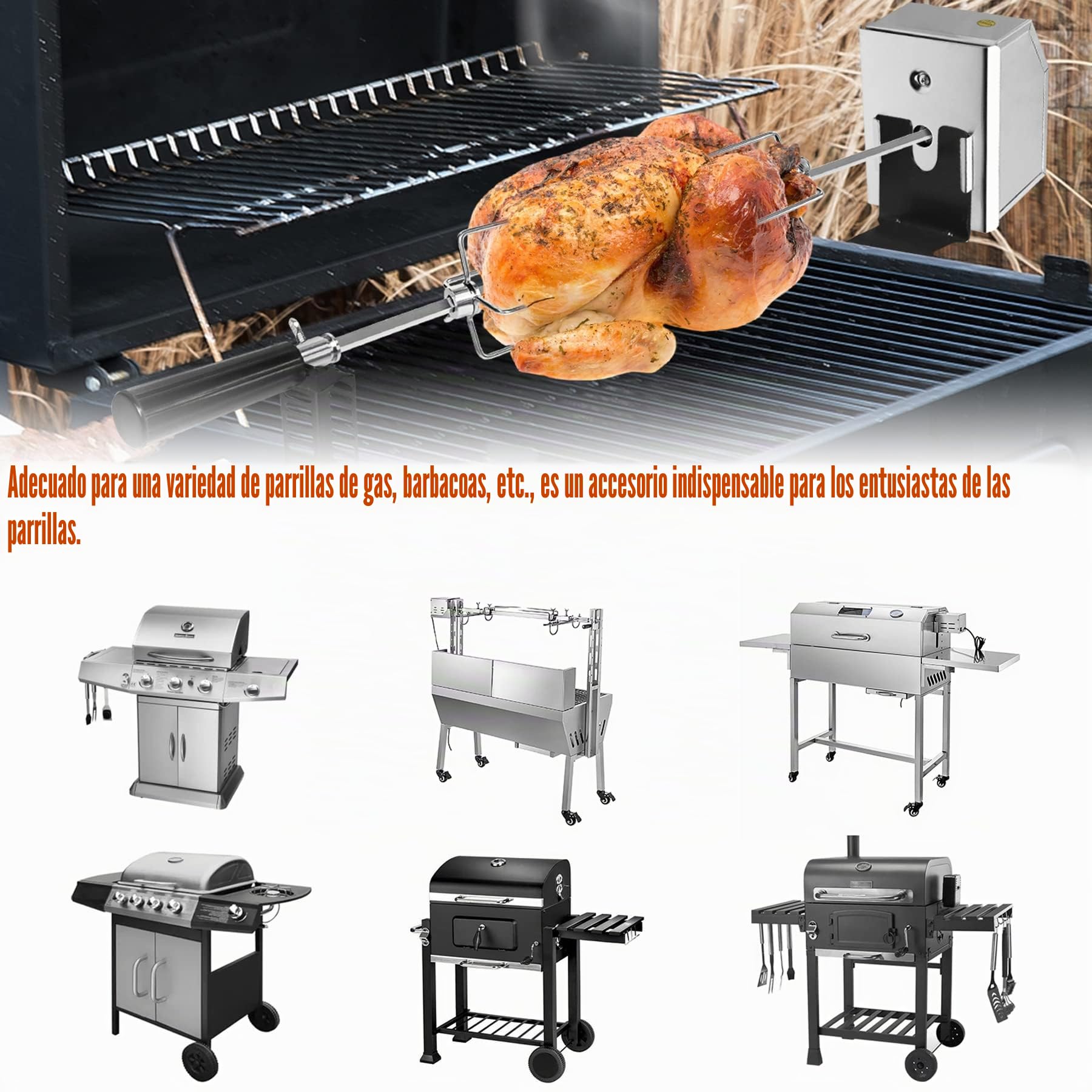 Froadp Pinchos para barbacoa de acero inoxidable de 117 cm con motor 220-240 V, 8 x 8 mm, juego de 2 agujas de carne, pinchos giratorios eléctricos, accesorios para barbacoa de gas, barbacoa de carbón