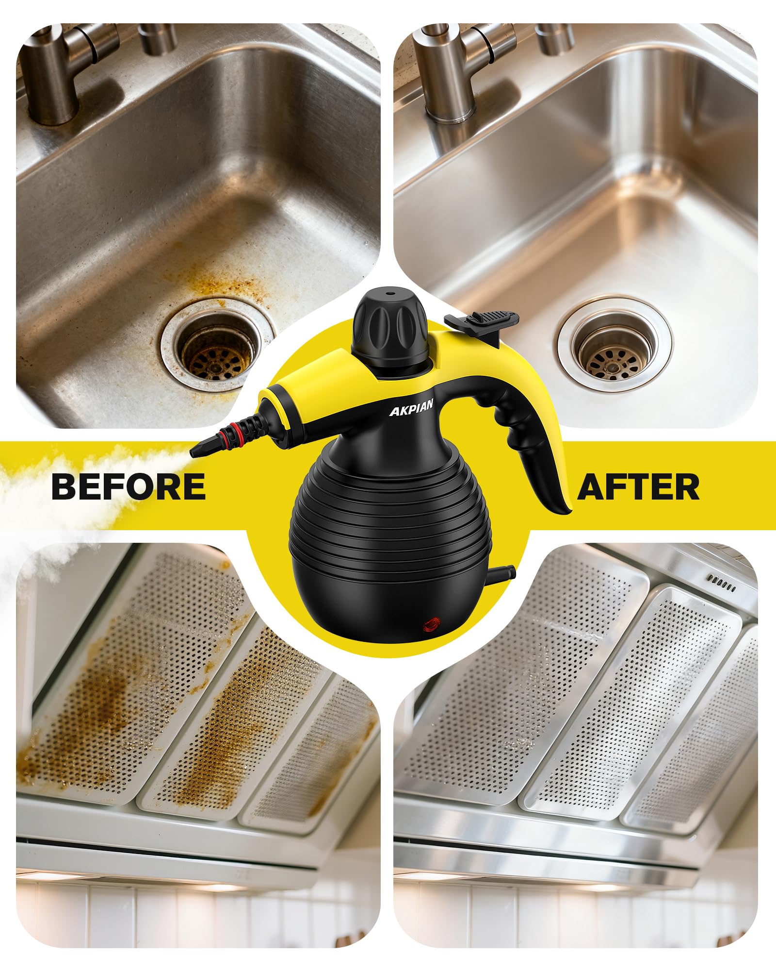 Limpiador de vapor de mano para limpieza del hogar con 10 accesorios | Vapor de alta temperatura de 105 °C | Bloqueo de seguridad | Hornos, microondas, sofás, ventanas y lechada