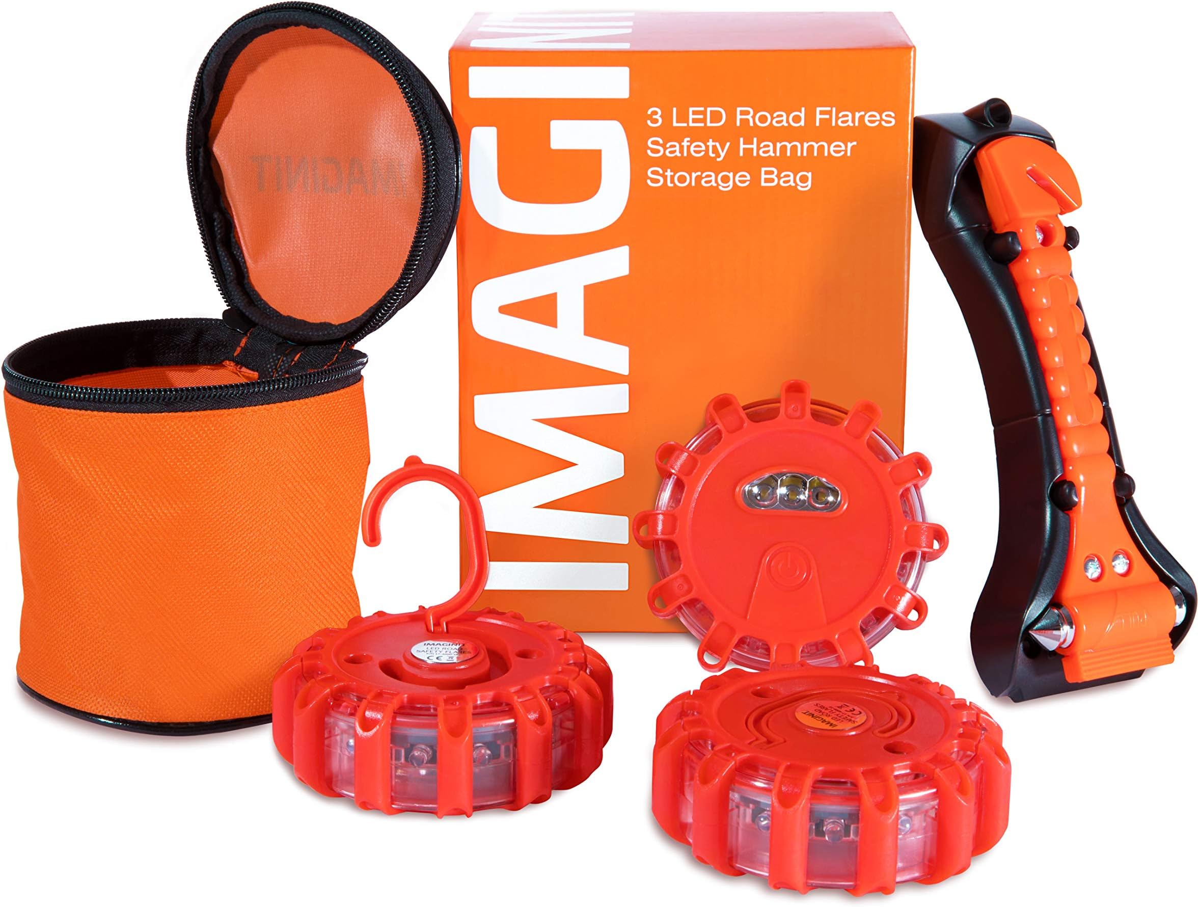 3 Pack Vehicle Emergency LED Road Flare Discs & Safety Hammer Kit - Flashing Warning Light Roadside Safety Beacons for Cars, Trucks & Boats with Steel Glass Breaker, Seatbelt Cutter & Bag by Imaginit