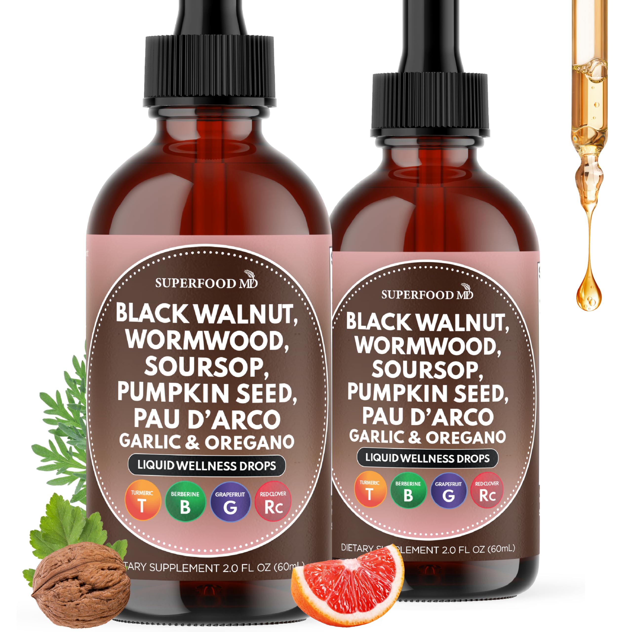 Wormwood Black Walnut Cleanse for Humans Drops Liquid Soursop Garlic Pumpkin Seed PAU D'Arco Oil of Oregano Turmeric Berberine Neem Extract Hull Bark Tincture - 4 oz 4 Fl. Oz (Pack of 2)