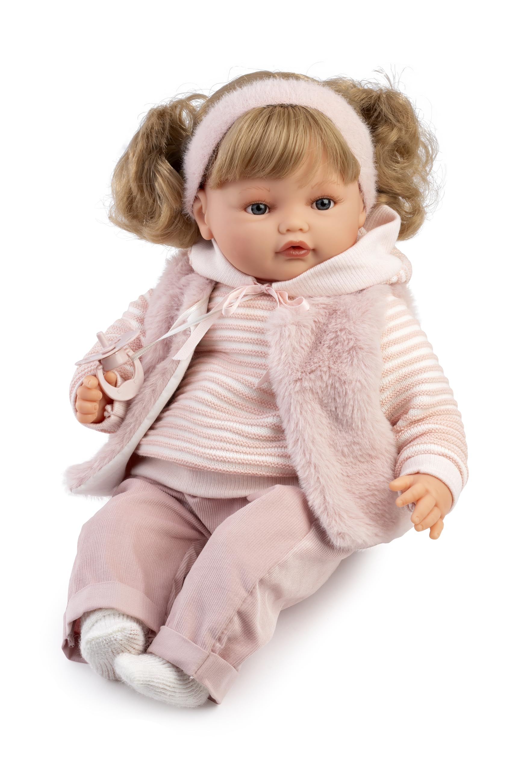 Muñecas Antonio Juan Beni Lloro Jersey Rayas, Muñeca con Mecanismo de Lloro, 42 cm, Cuerpo Blandito, Incluye Pantalón, Jersey, Babero, Diadema, Toquilla y Chupete, Multicolor, 3+ Años