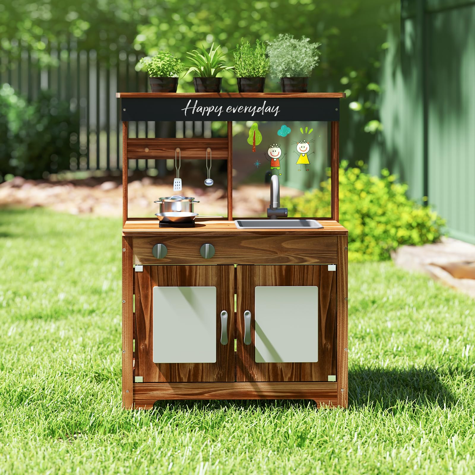 HOMASIS Cuisine d'extérieur en bois, cuisine jouet pour enfants combine cuisine et jardin, cuisine éducative avec tableau blanc, panneaux acryliques, évier et robinet pour enfants à partir de 3 ans