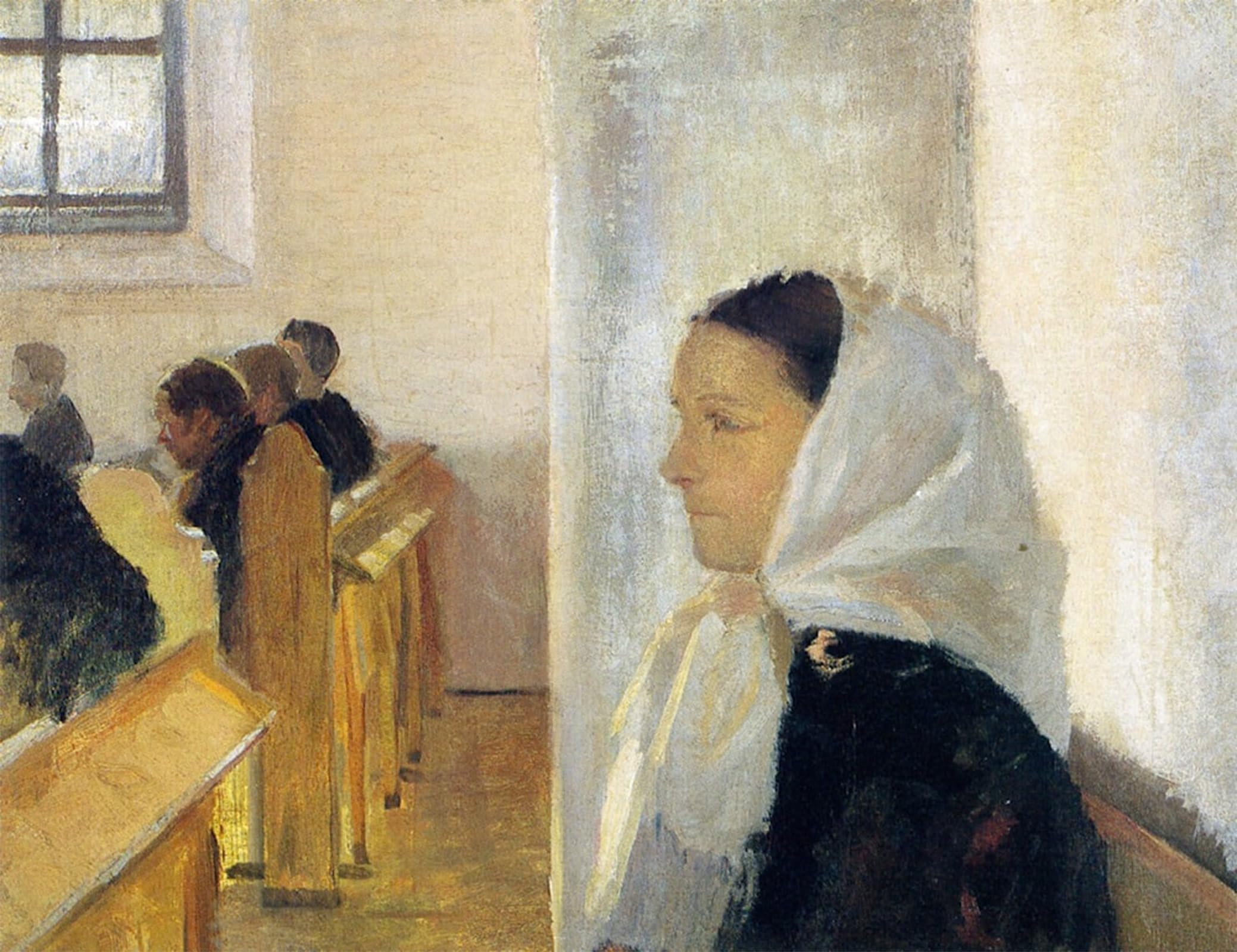 Artxlxxbn Girls No Frame Famous Prints Artwork Pictures Poster Painting Art Young With White Scarf In The Church Anna Ancher Artwork Landscape Pictures For Home Decor 60X90cm