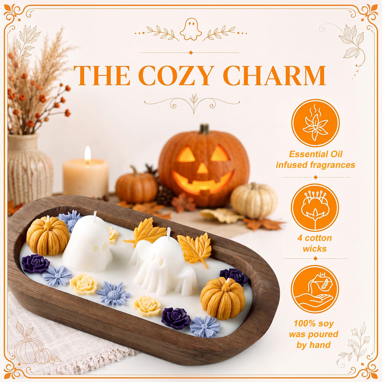 Siifert Vela de madera para Halloween con forma de cuenco de masa de fantasma, 3 mechas perfumadas con 100% cera de soja, decoraciones navideñas, decoración espeluznante de habitación