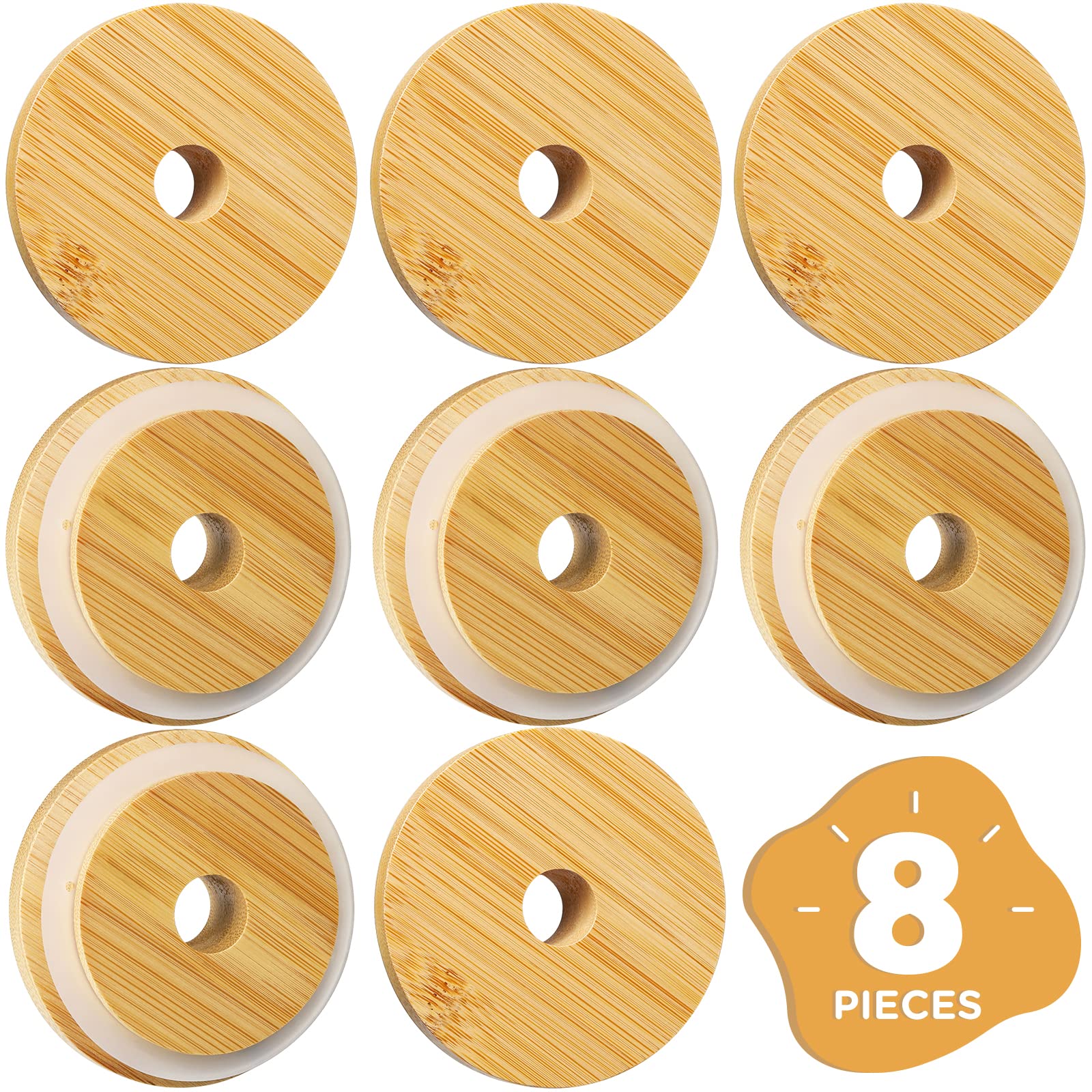 86mm Wide Mouth Bamboo Mason Jar Lids with Straw Hole, SBMKK Wood Mason Jar Straw Lid 8 Pack