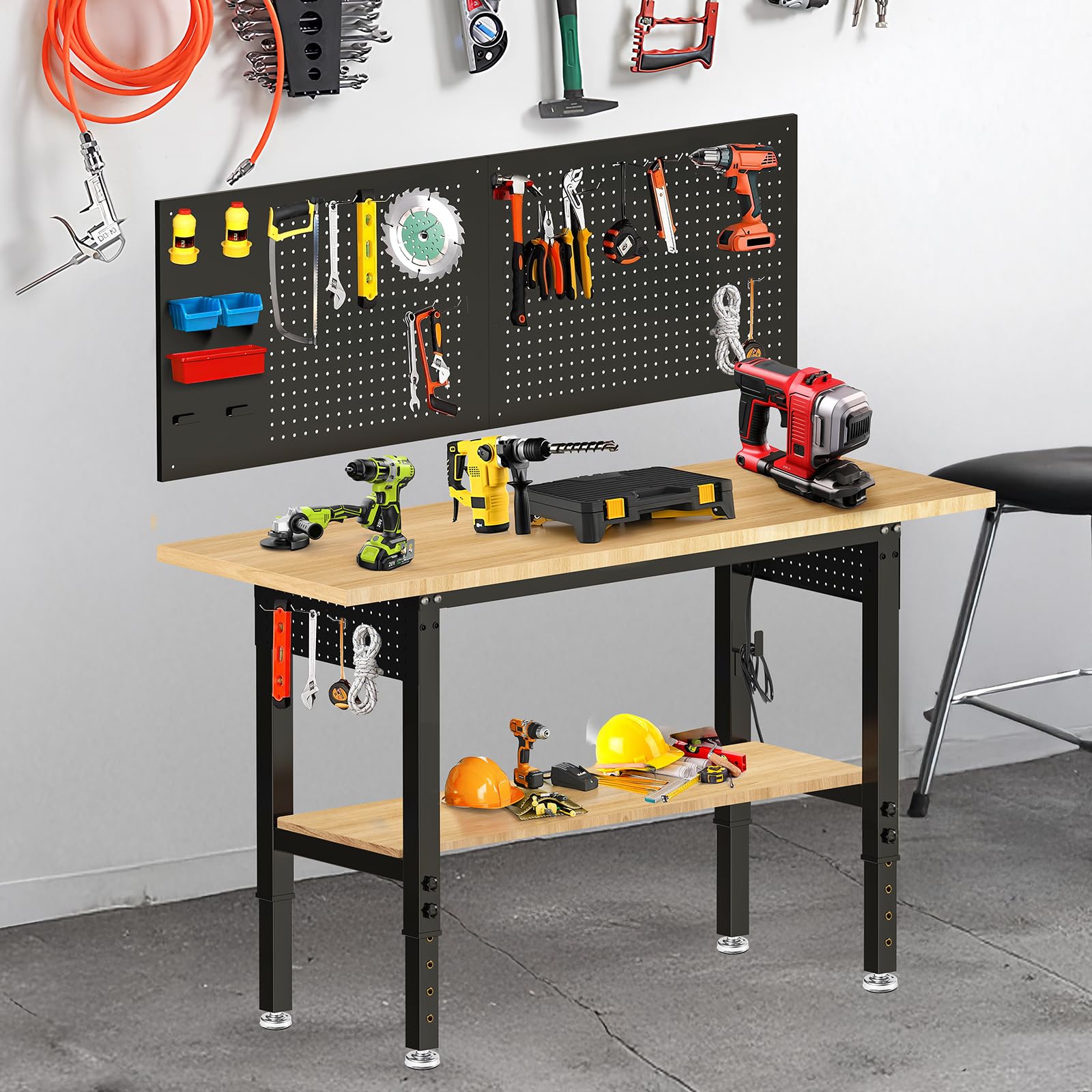 60'' adjustable height workbench work bench for garage work table with under table shelf heavy duty rubber wood top for shop woodworking, office, home, commercial