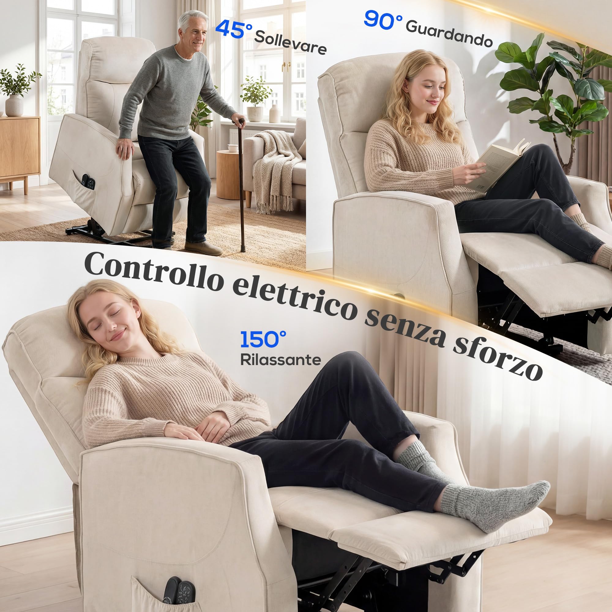 HOMCOM Poltrona Elettrica Alzapersona Reclinabile 150°, Poltrona Relax Massaggiante e Riscaldante, in Tessuto Effetto Lino per Anziani con Porta USB, Telecomandi, Poggiapiedi, Tasche Laterali, Beige