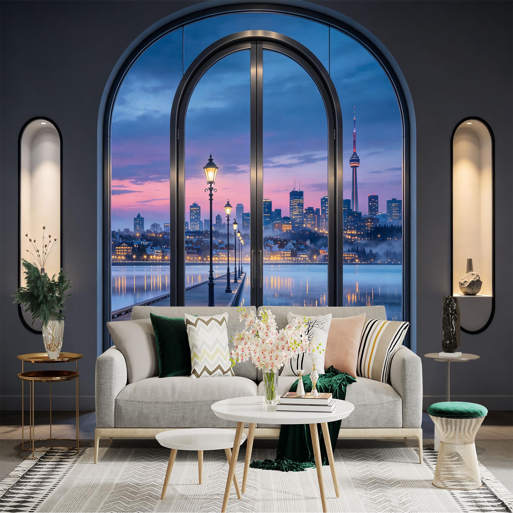 Custom Size Wall Sticker Mural， Arched Window City Skyline， Lake Pier Sunset View， for wall Decoration， peelandstick wall Decals.