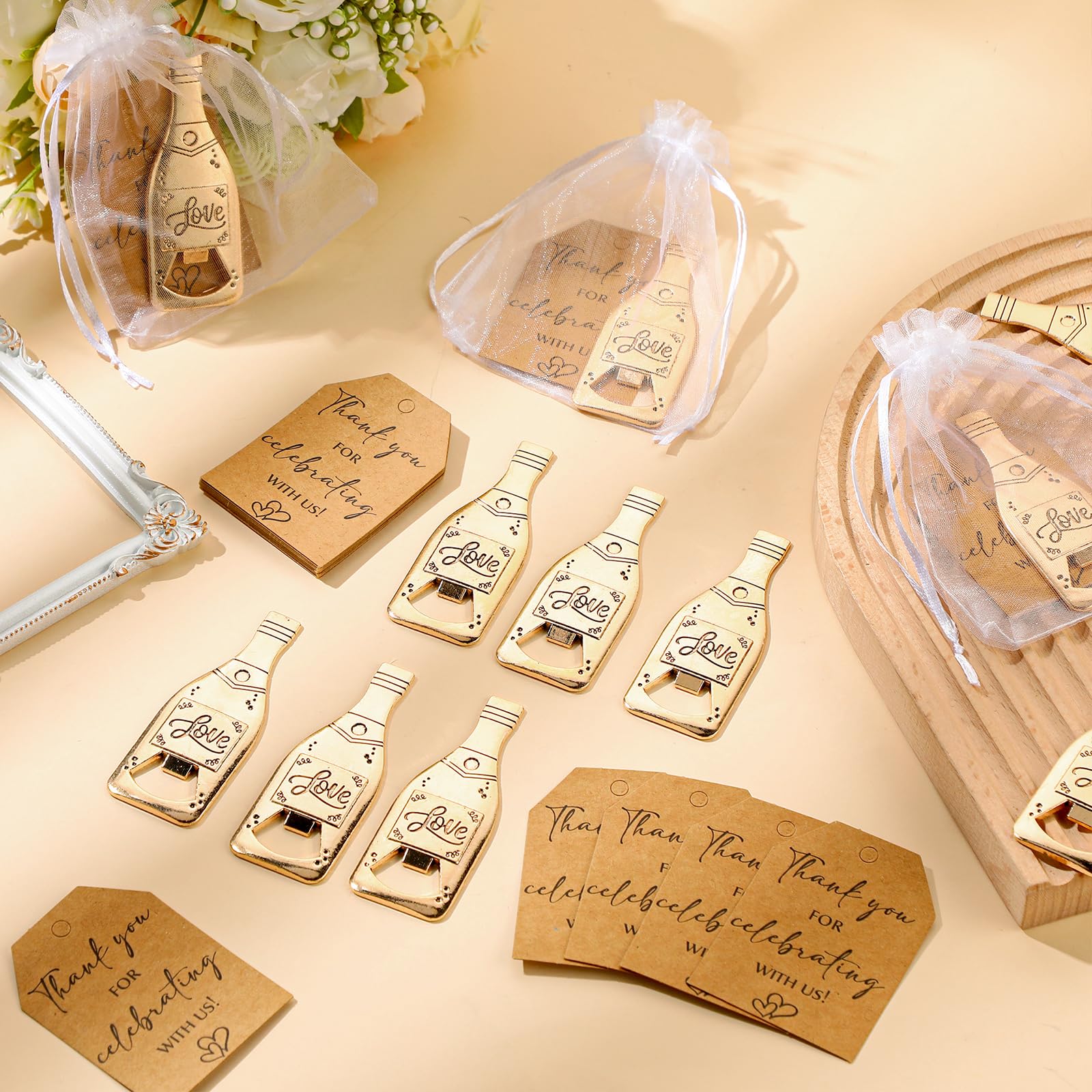 Suclain 25 Sets Hochzeitsgäste-Gastgeschenke, Flaschenöffner, Partygeschenke, inklusive 25 Flaschenöffner, Vintage-Hochzeitsflaschenöffner, 25 Dankeskarten, 25 Organza-Beutel, Hochzeitssouvenirs für