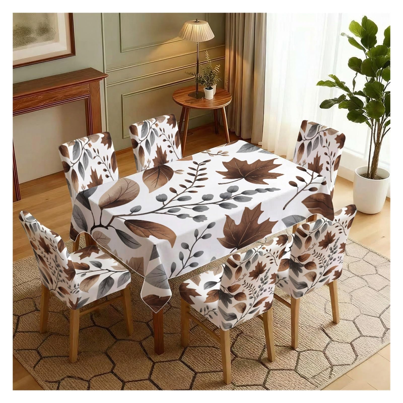 KXUAUV Autumn Maple Leaf Print Stretch Chair Covers & Tablecloth Set, For Kitchen Dining Room Thanksgiving Farmhouse Decor, 5/7 Pack Party Decor(7pcs Set: Tablecloth+Chair Covers)
